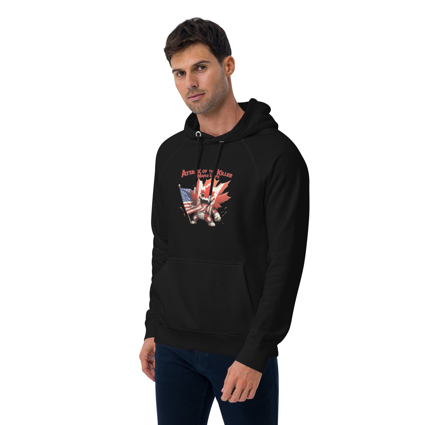 Maple Mayhem Unisex eco raglan hoodie from Rare Plus Apparel – unique movie & pop culture inspired design.