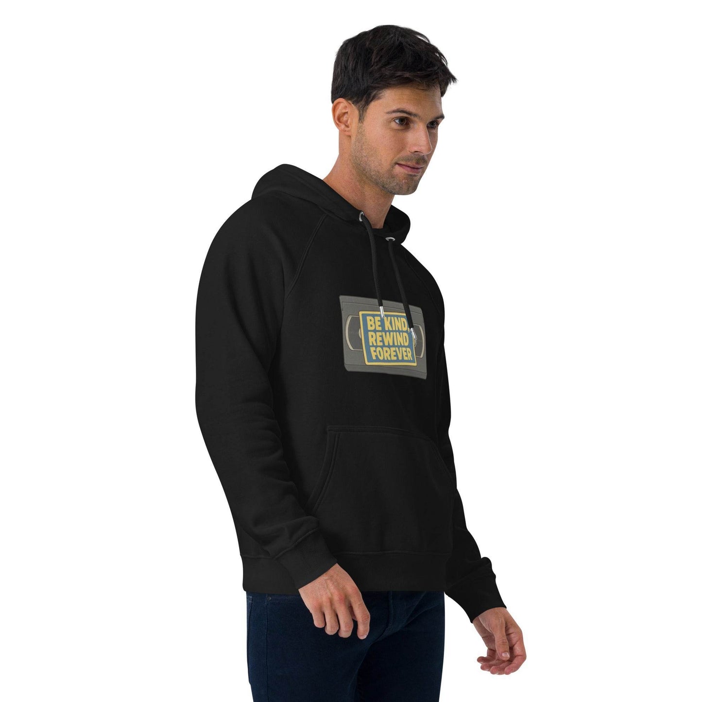 Be Kind, Rewind Forever Unisex eco raglan hoodie from Rare Plus Apparel – unique movie & pop culture inspired design.