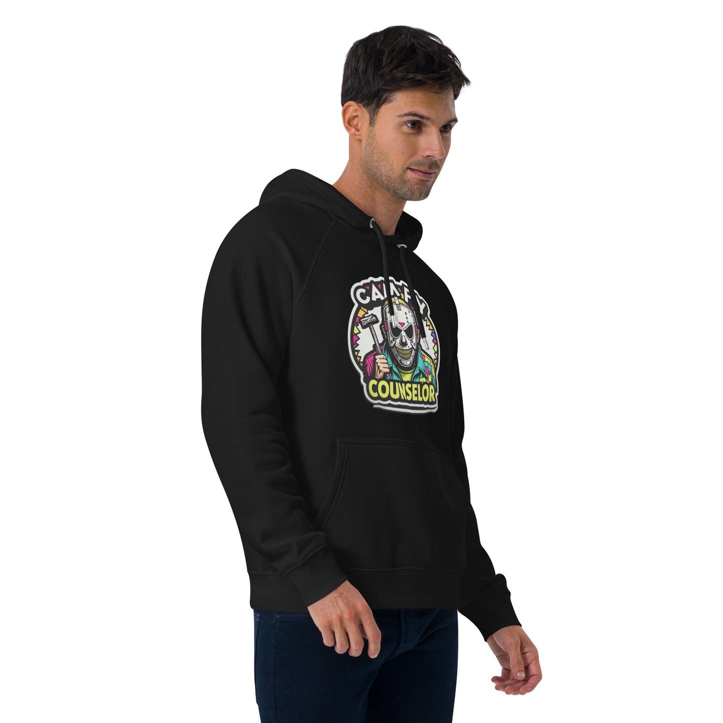 Campy Counselor Unisex eco raglan hoodie from Rare Plus Apparel – unique movie & pop culture inspired design.