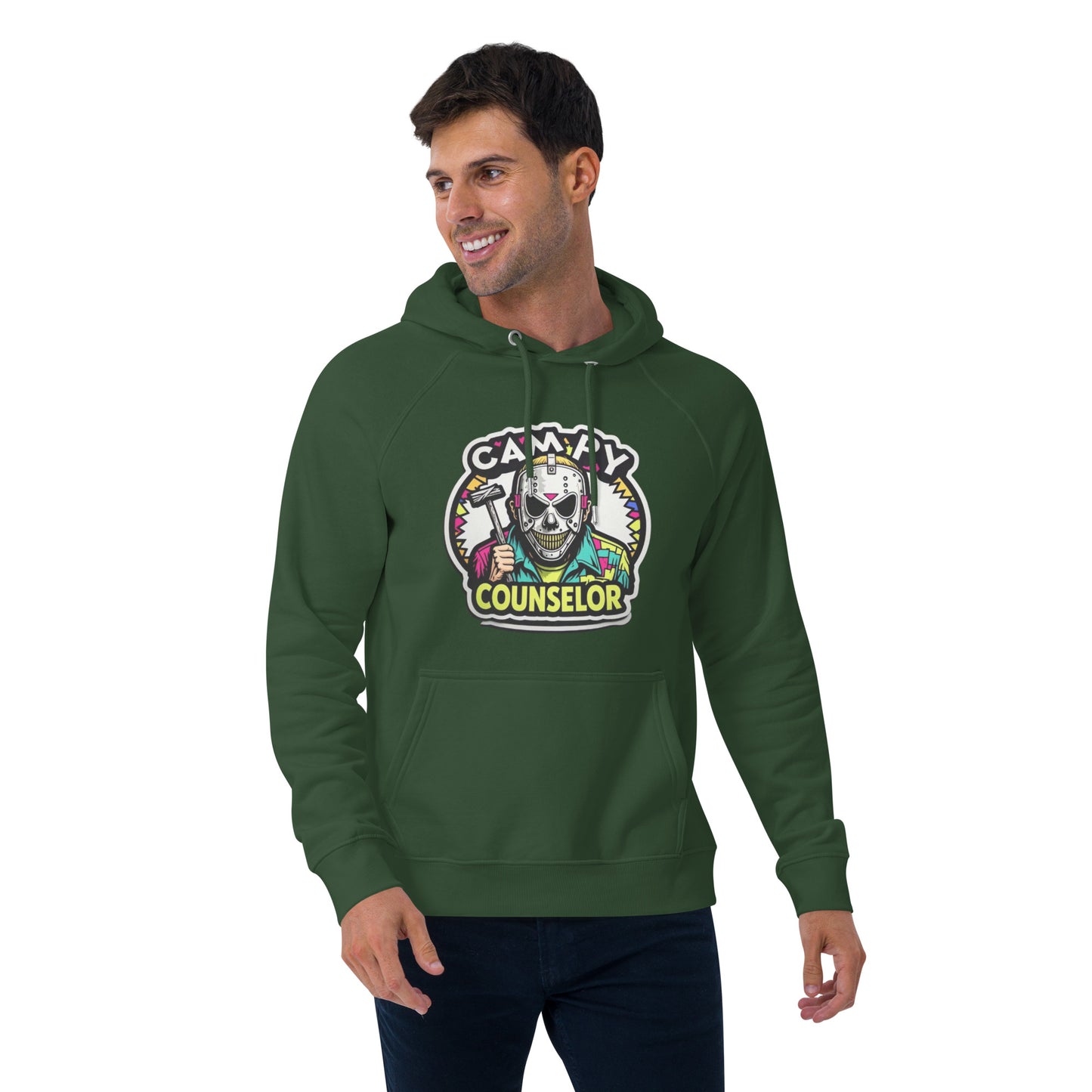 Campy Counselor Unisex eco raglan hoodie from Rare Plus Apparel – unique movie & pop culture inspired design.