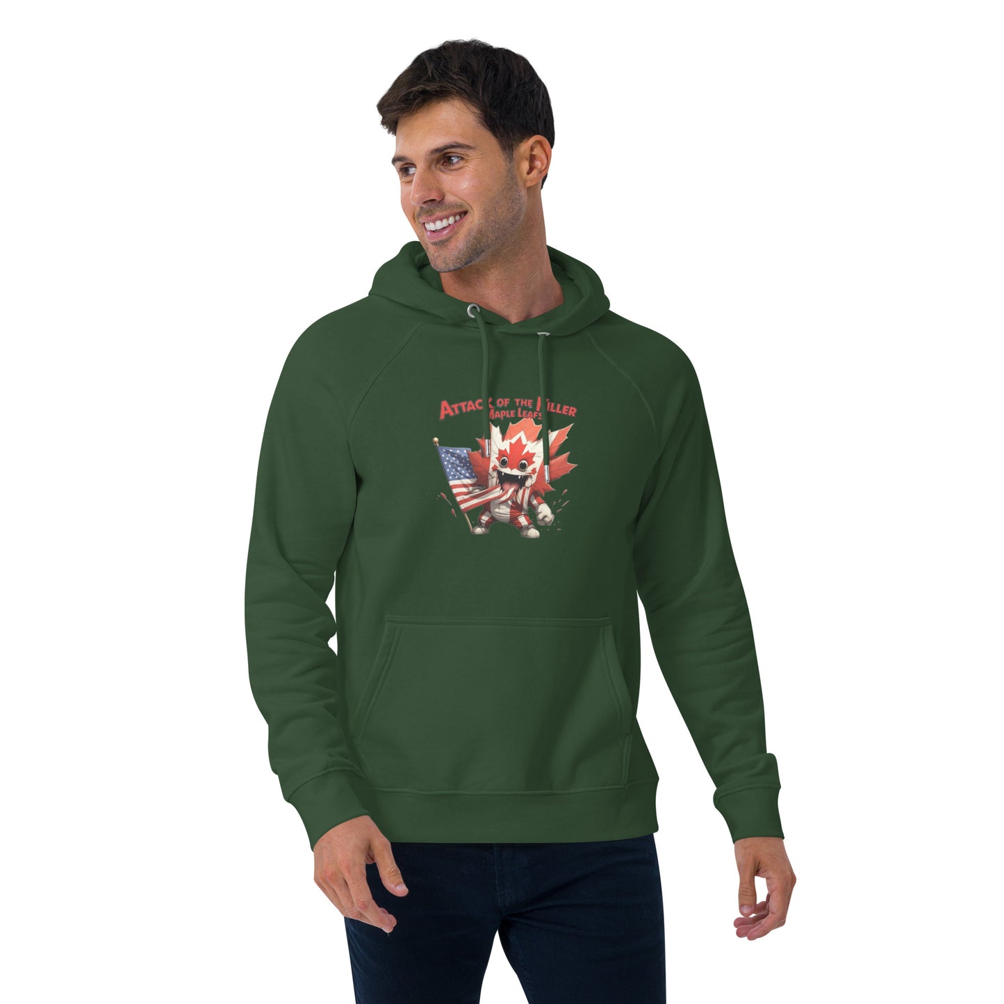 Maple Mayhem Unisex eco raglan hoodie from Rare Plus Apparel – unique movie & pop culture inspired design.