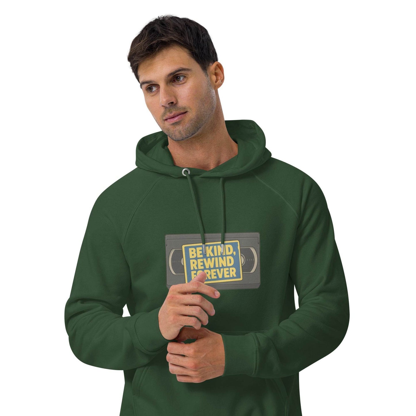 Be Kind, Rewind Forever Unisex eco raglan hoodie from Rare Plus Apparel – unique movie & pop culture inspired design.
