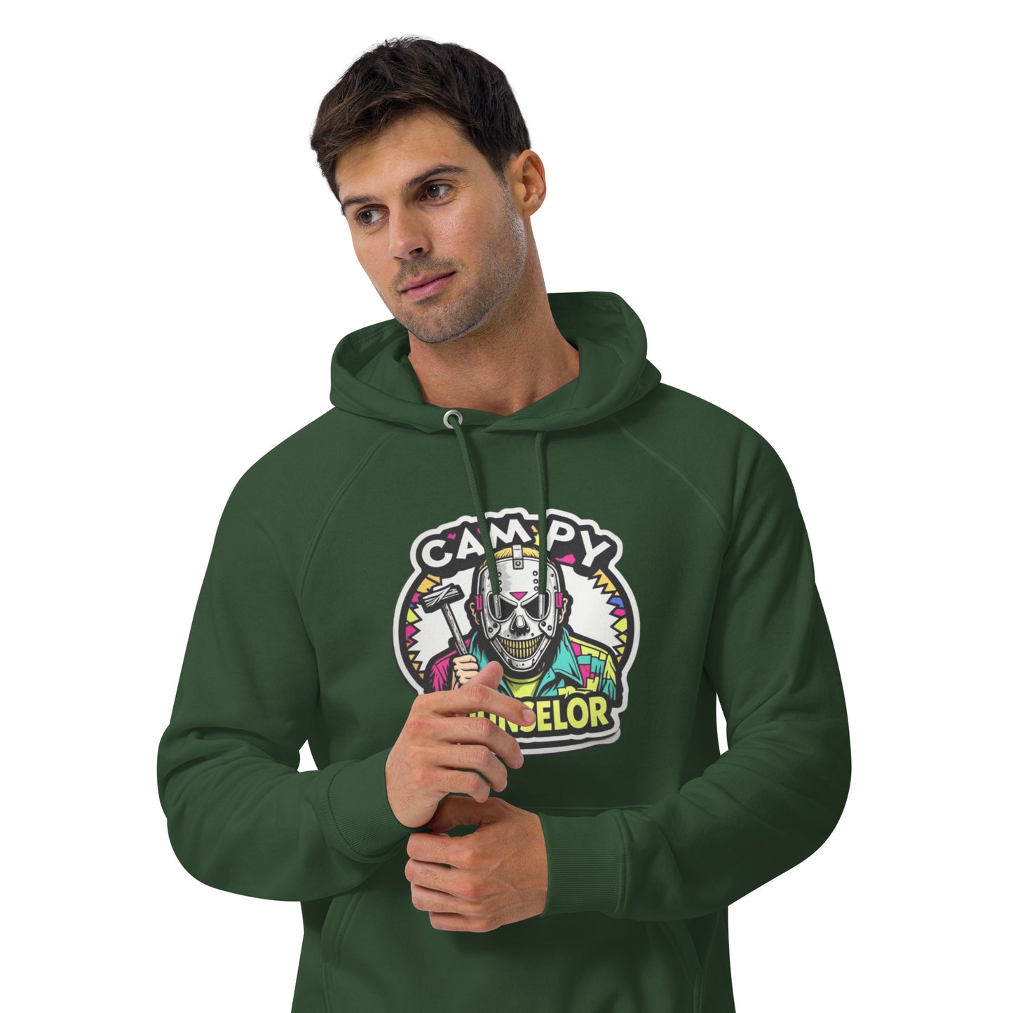Campy Counselor Unisex eco raglan hoodie from Rare Plus Apparel – unique movie & pop culture inspired design.