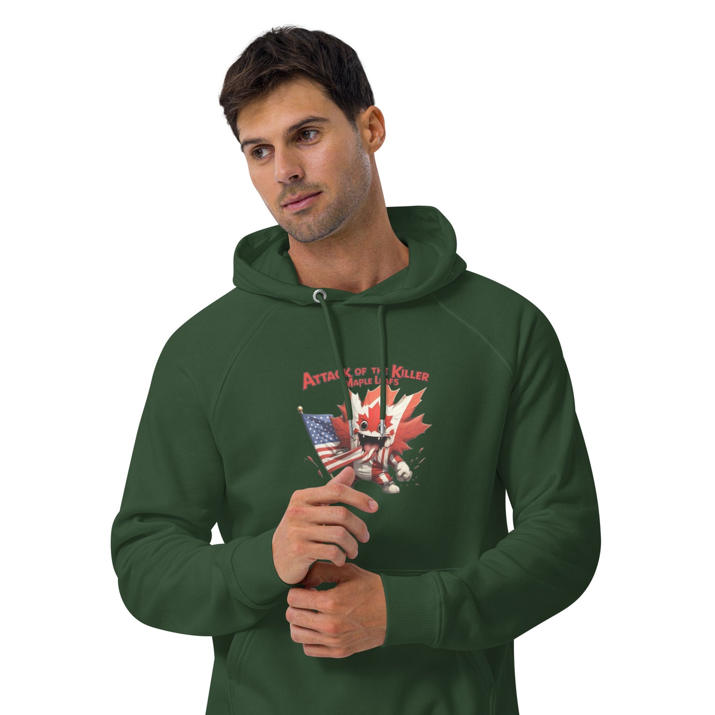Maple Mayhem Unisex eco raglan hoodie from Rare Plus Apparel – unique movie & pop culture inspired design.