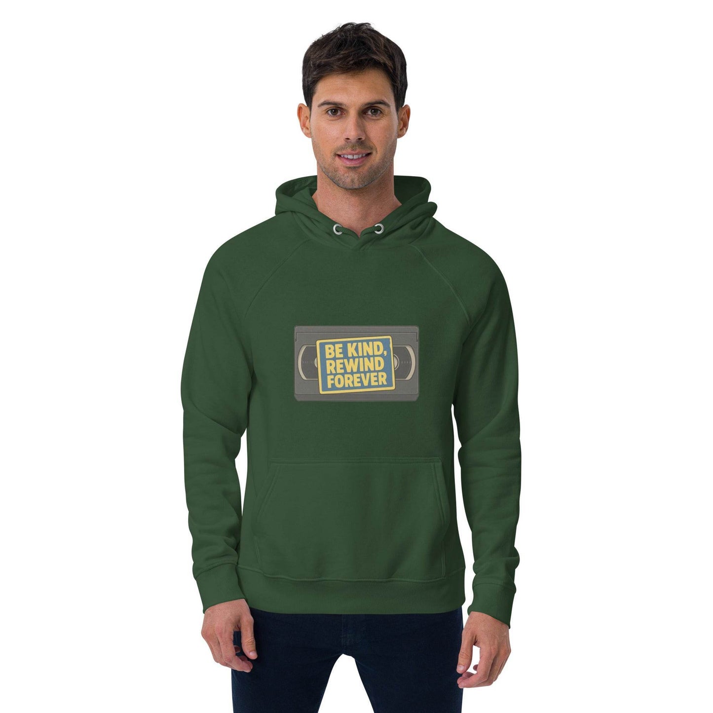 Be Kind, Rewind Forever Unisex eco raglan hoodie from Rare Plus Apparel – unique movie & pop culture inspired design.
