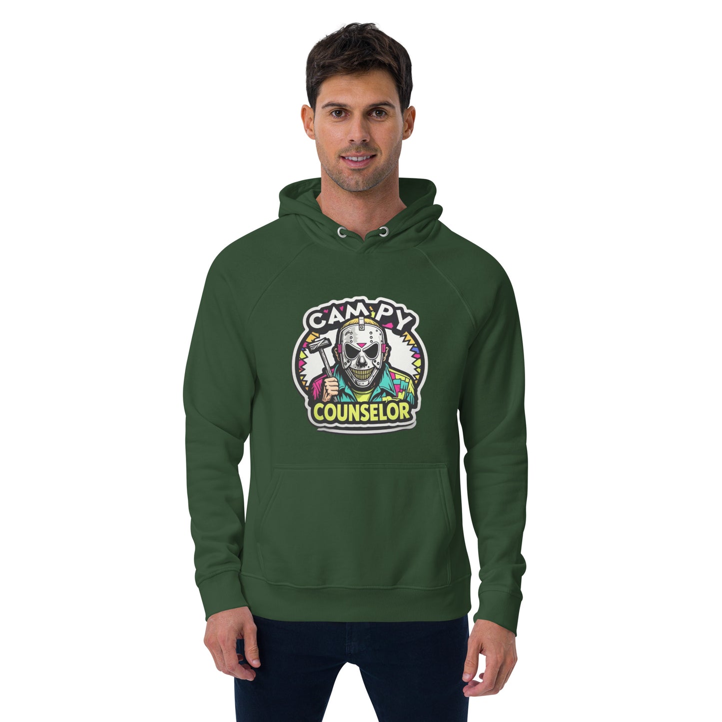 Campy Counselor Unisex eco raglan hoodie from Rare Plus Apparel – unique movie & pop culture inspired design.