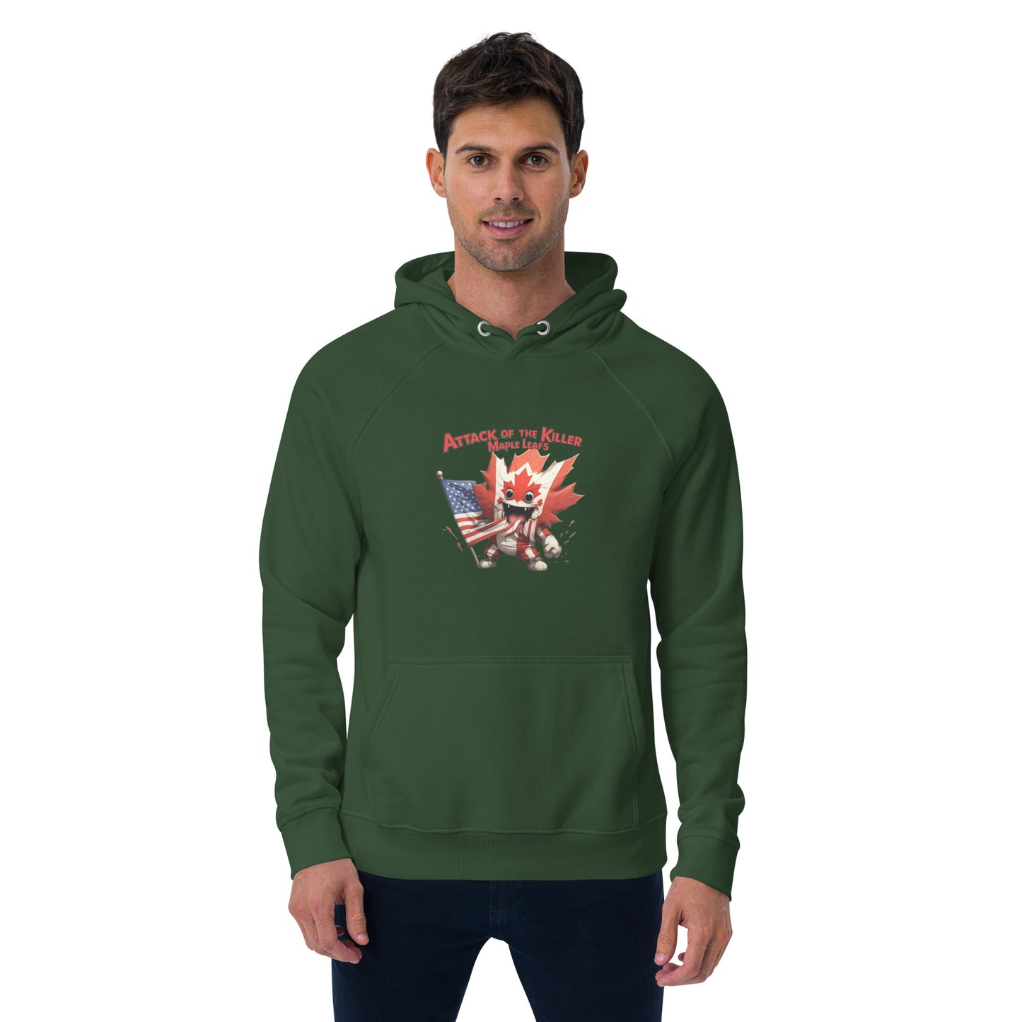 Maple Mayhem Unisex eco raglan hoodie from Rare Plus Apparel – unique movie & pop culture inspired design.