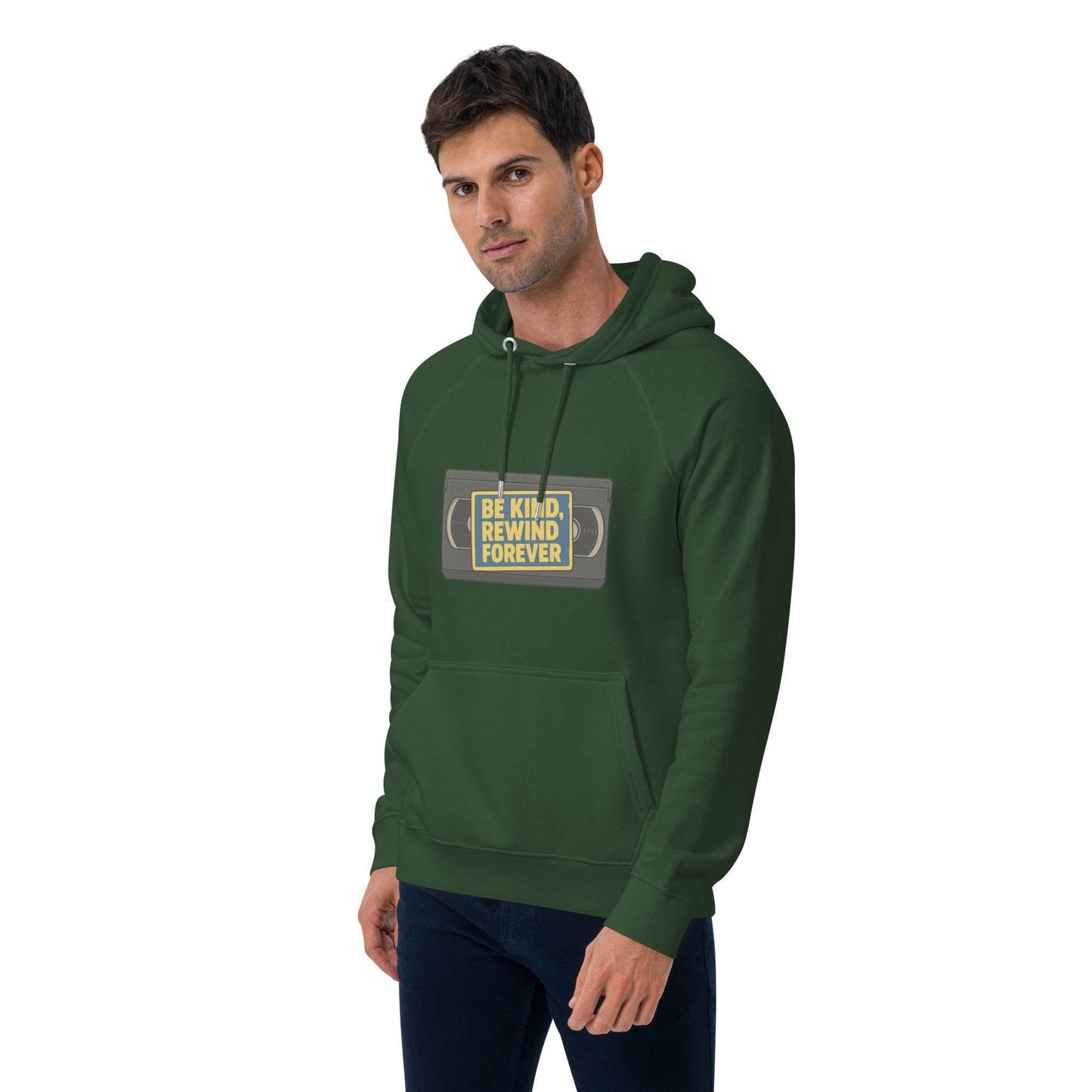 Be Kind, Rewind Forever Unisex eco raglan hoodie from Rare Plus Apparel – unique movie & pop culture inspired design.