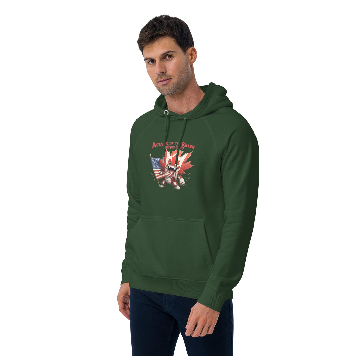 Maple Mayhem Unisex eco raglan hoodie from Rare Plus Apparel – unique movie & pop culture inspired design.