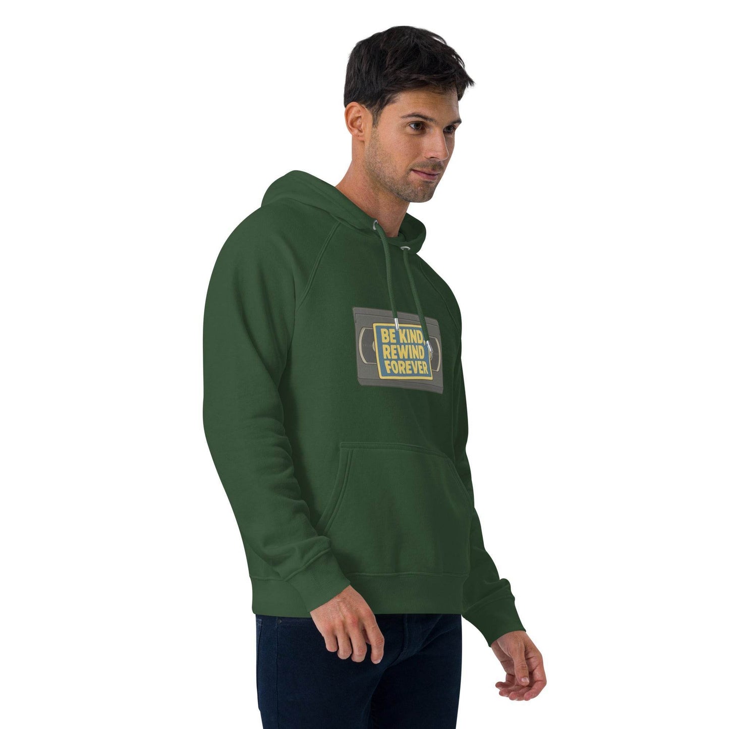 Be Kind, Rewind Forever Unisex eco raglan hoodie from Rare Plus Apparel – unique movie & pop culture inspired design.