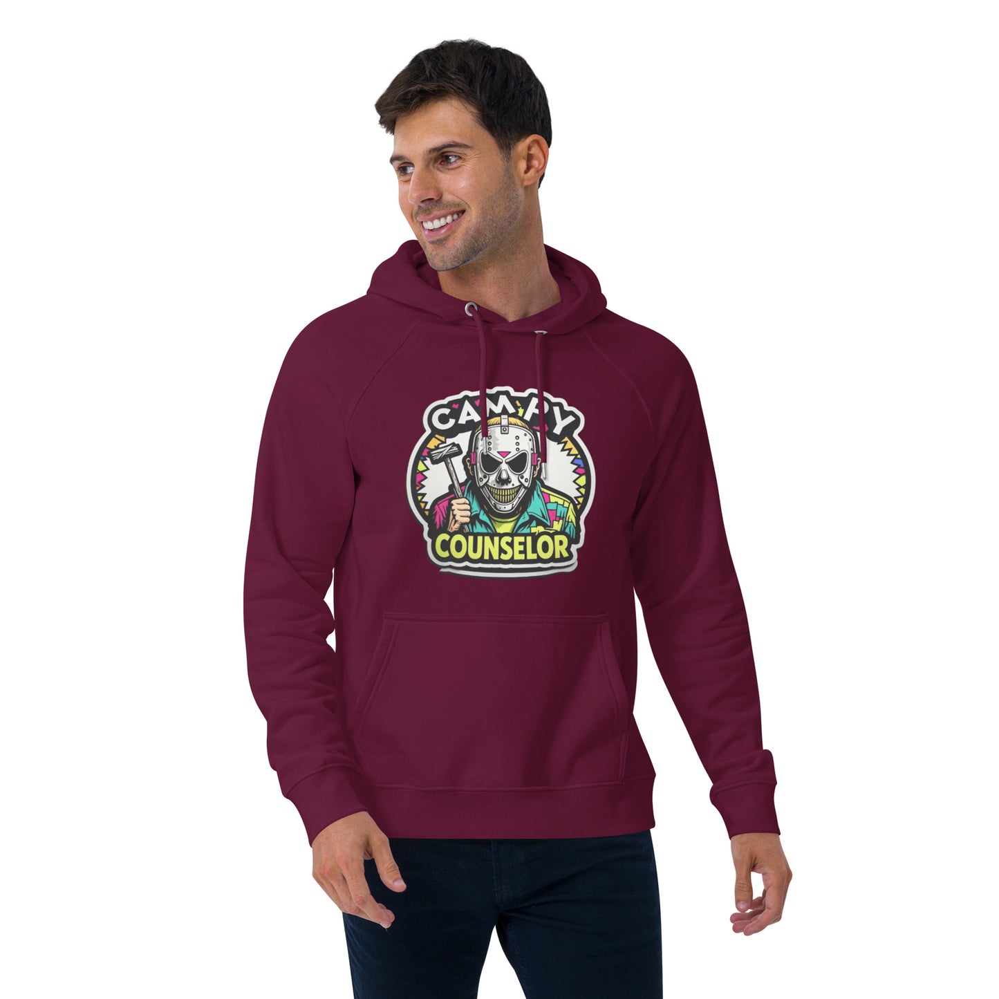 Campy Counselor Unisex eco raglan hoodie from Rare Plus Apparel – unique movie & pop culture inspired design.