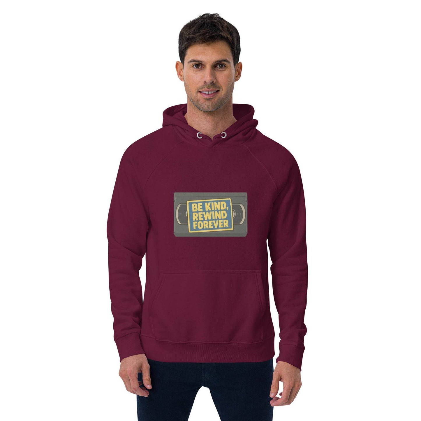 Be Kind, Rewind Forever Unisex eco raglan hoodie from Rare Plus Apparel – unique movie & pop culture inspired design.