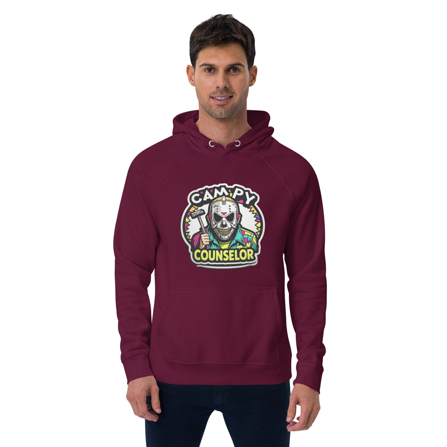 Campy Counselor Unisex eco raglan hoodie from Rare Plus Apparel – unique movie & pop culture inspired design.