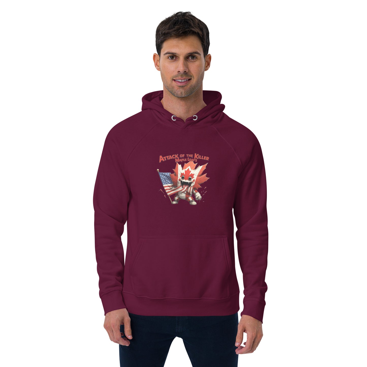 Maple Mayhem Unisex eco raglan hoodie from Rare Plus Apparel – unique movie & pop culture inspired design.