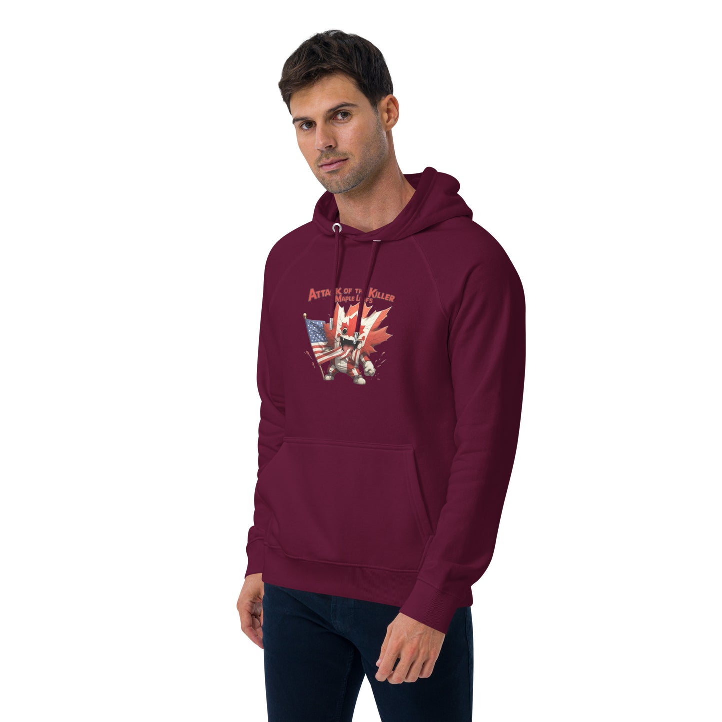 Maple Mayhem Unisex eco raglan hoodie from Rare Plus Apparel – unique movie & pop culture inspired design.