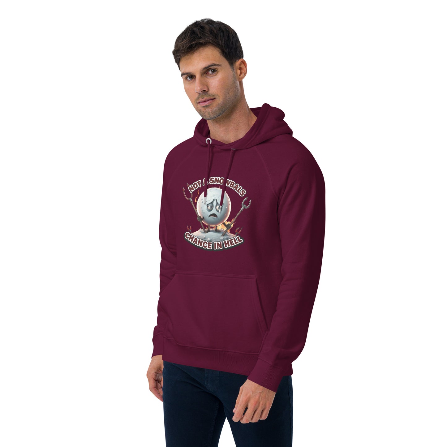 Not a Snowball’s Chance in Hell Unisex eco raglan hoodie from Rare Plus Apparel – unique movie & pop culture inspired design.
