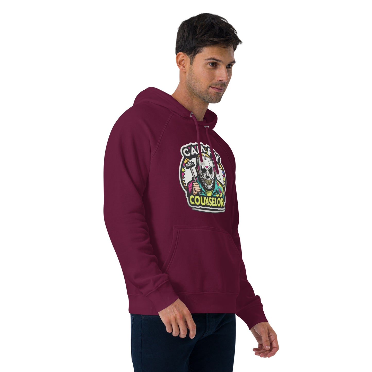 Campy Counselor Unisex eco raglan hoodie from Rare Plus Apparel – unique movie & pop culture inspired design.