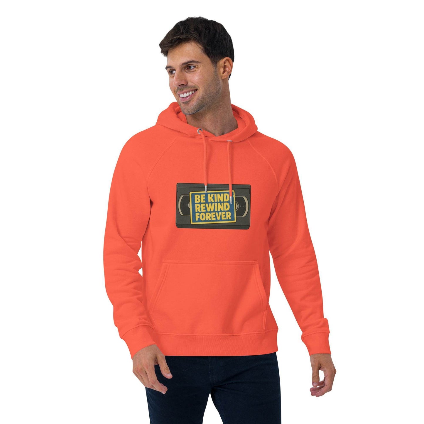 Be Kind, Rewind Forever Unisex eco raglan hoodie from Rare Plus Apparel – unique movie & pop culture inspired design.