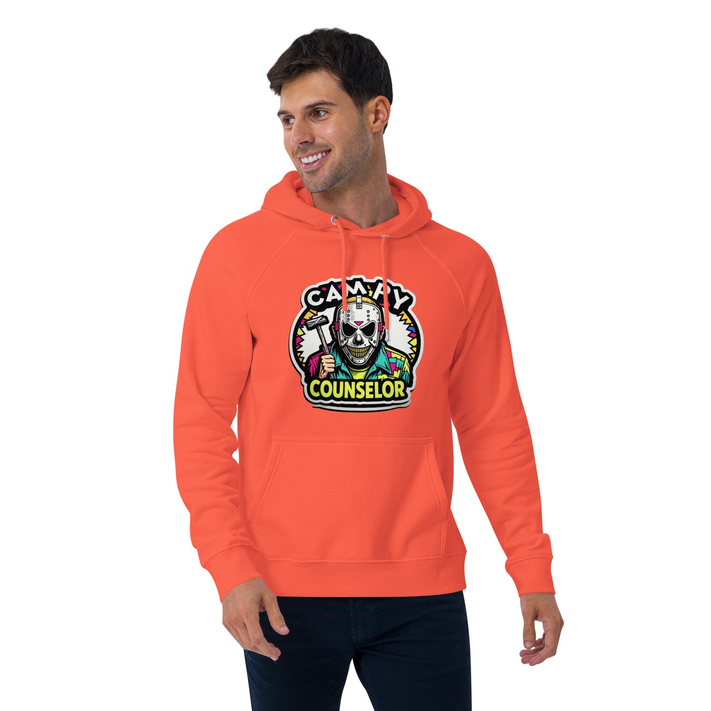 Campy Counselor Unisex eco raglan hoodie from Rare Plus Apparel – unique movie & pop culture inspired design.