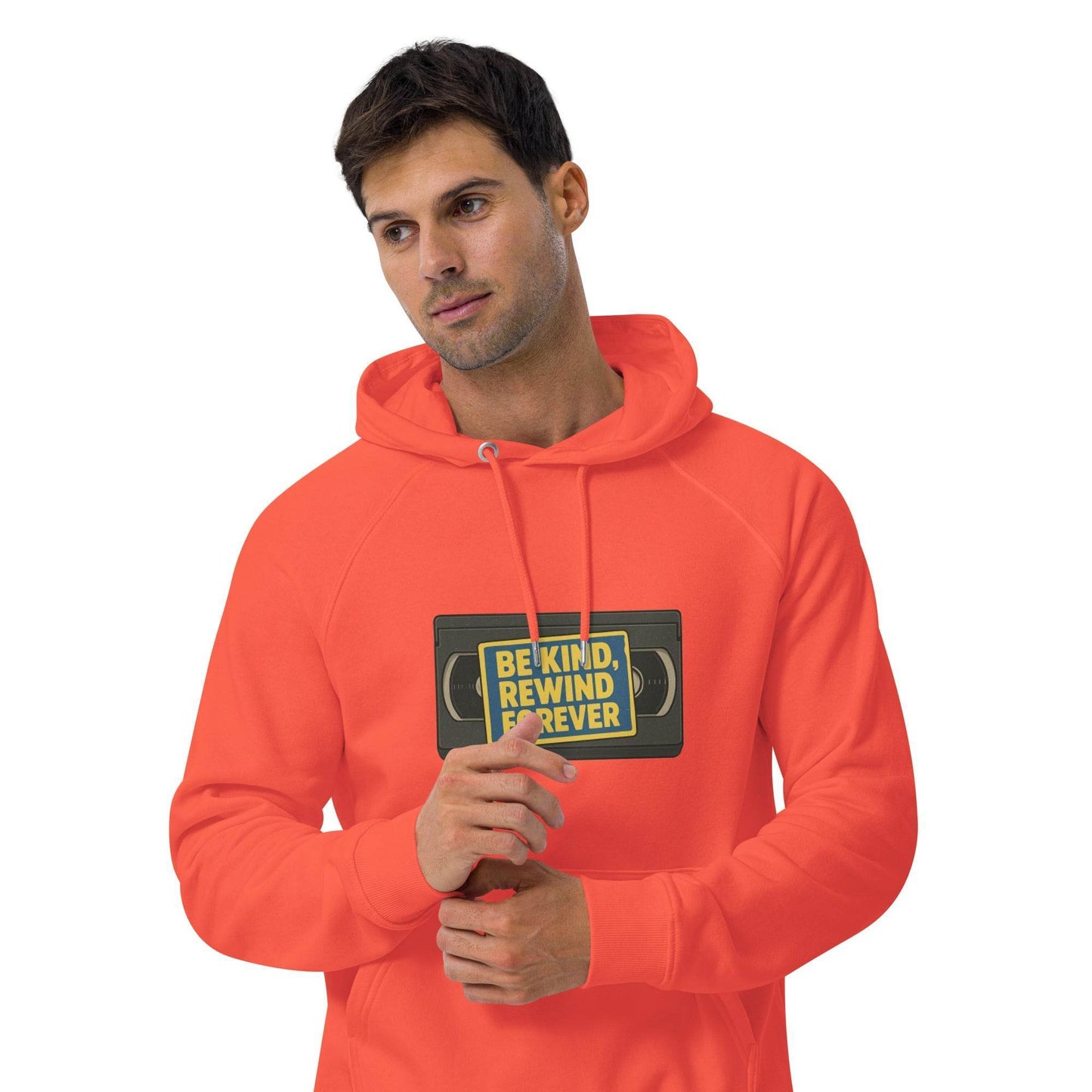 Be Kind, Rewind Forever Unisex eco raglan hoodie from Rare Plus Apparel – unique movie & pop culture inspired design.