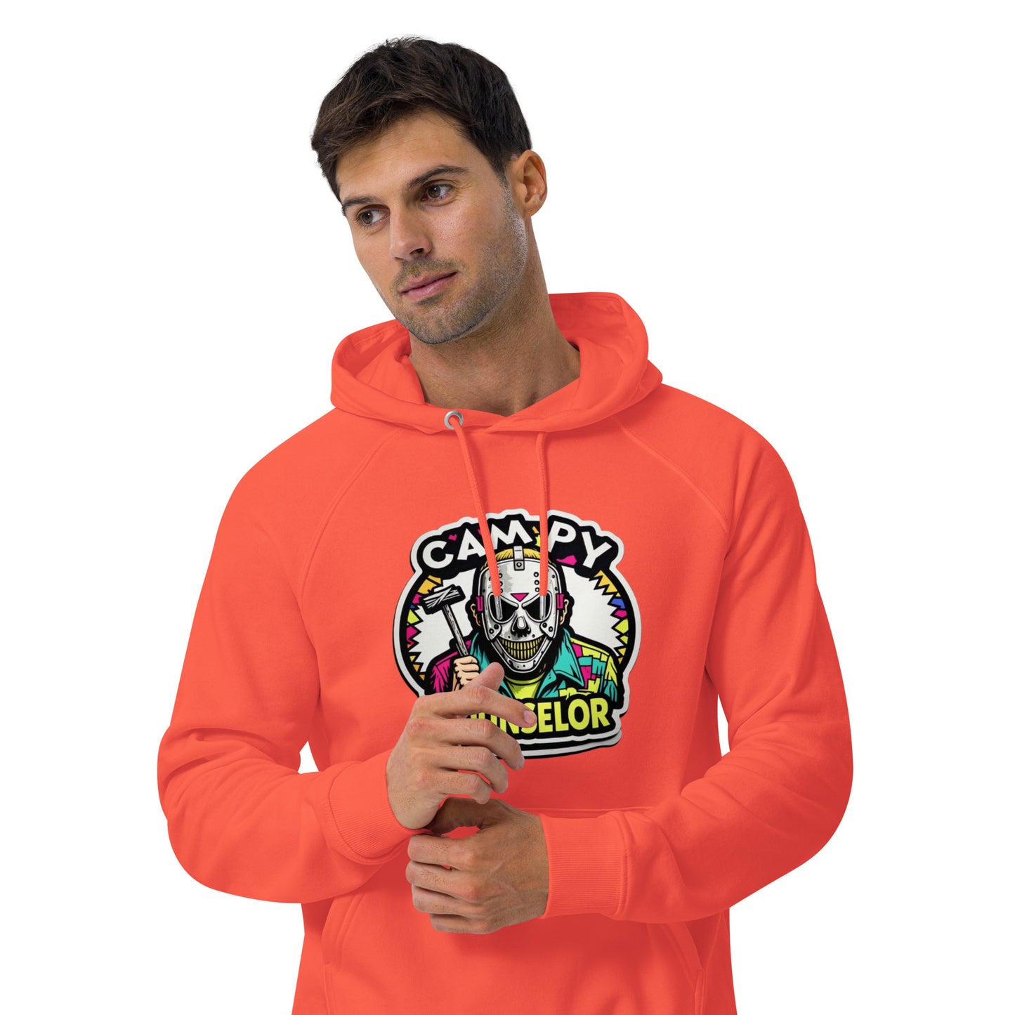 Campy Counselor Unisex eco raglan hoodie from Rare Plus Apparel – unique movie & pop culture inspired design.
