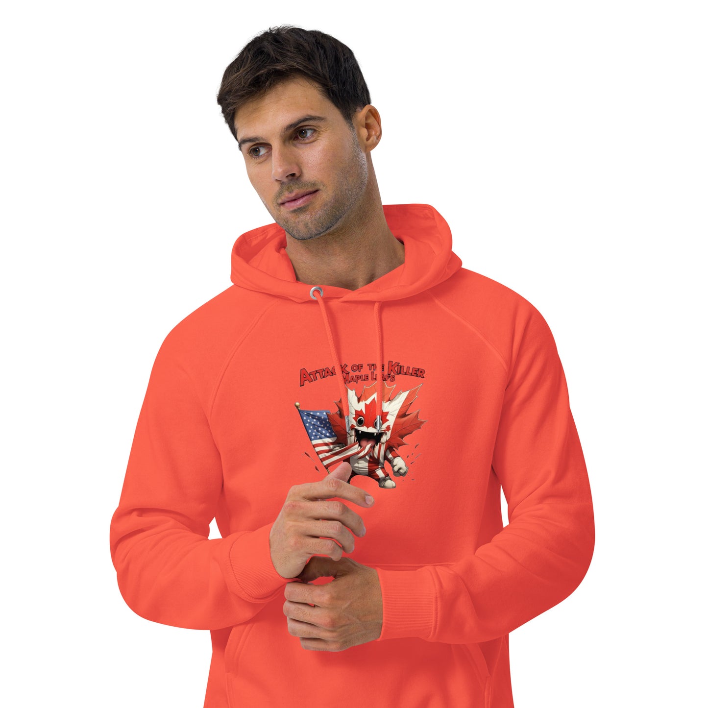 Maple Mayhem Unisex eco raglan hoodie from Rare Plus Apparel – unique movie & pop culture inspired design.