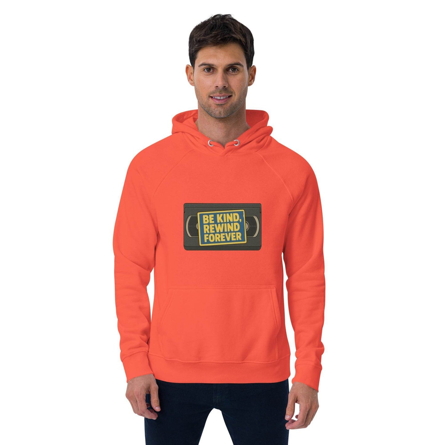 Be Kind, Rewind Forever Unisex eco raglan hoodie from Rare Plus Apparel – unique movie & pop culture inspired design.