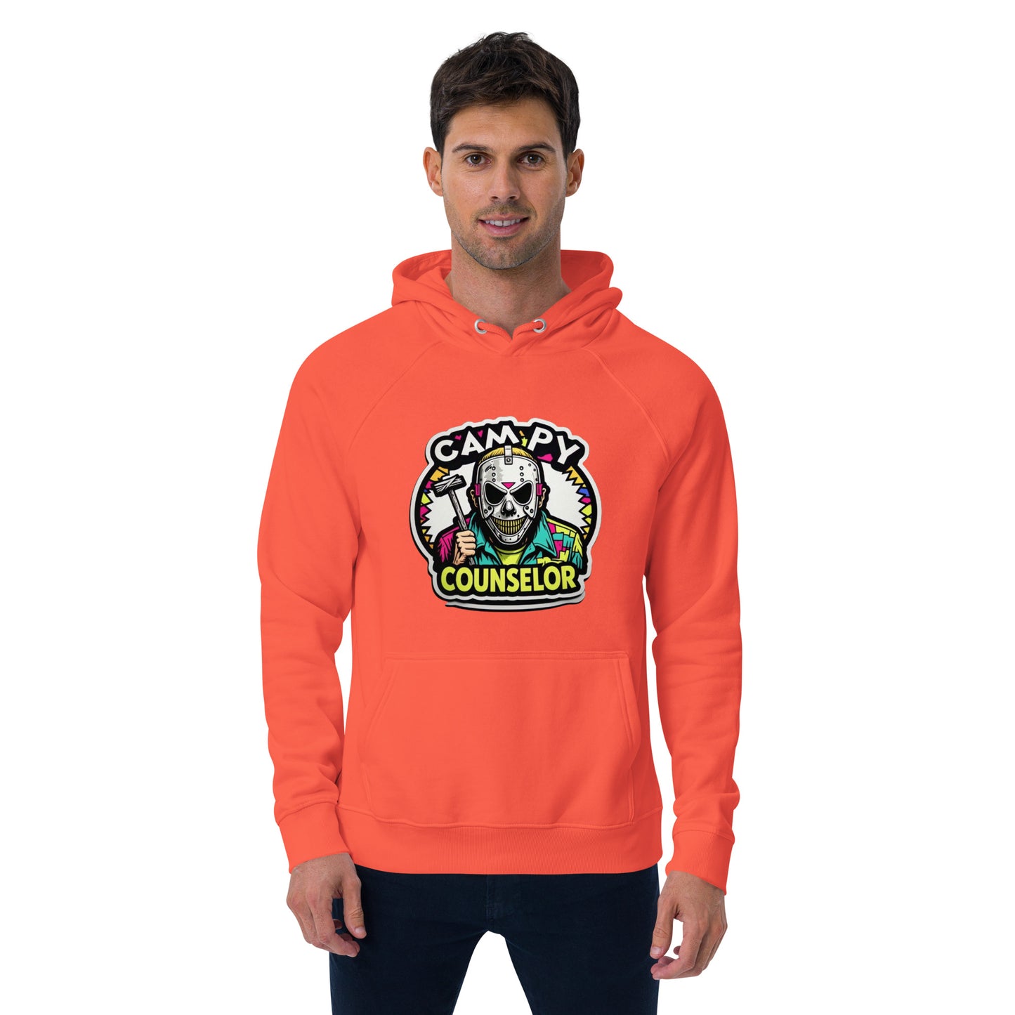 Campy Counselor Unisex eco raglan hoodie from Rare Plus Apparel – unique movie & pop culture inspired design.