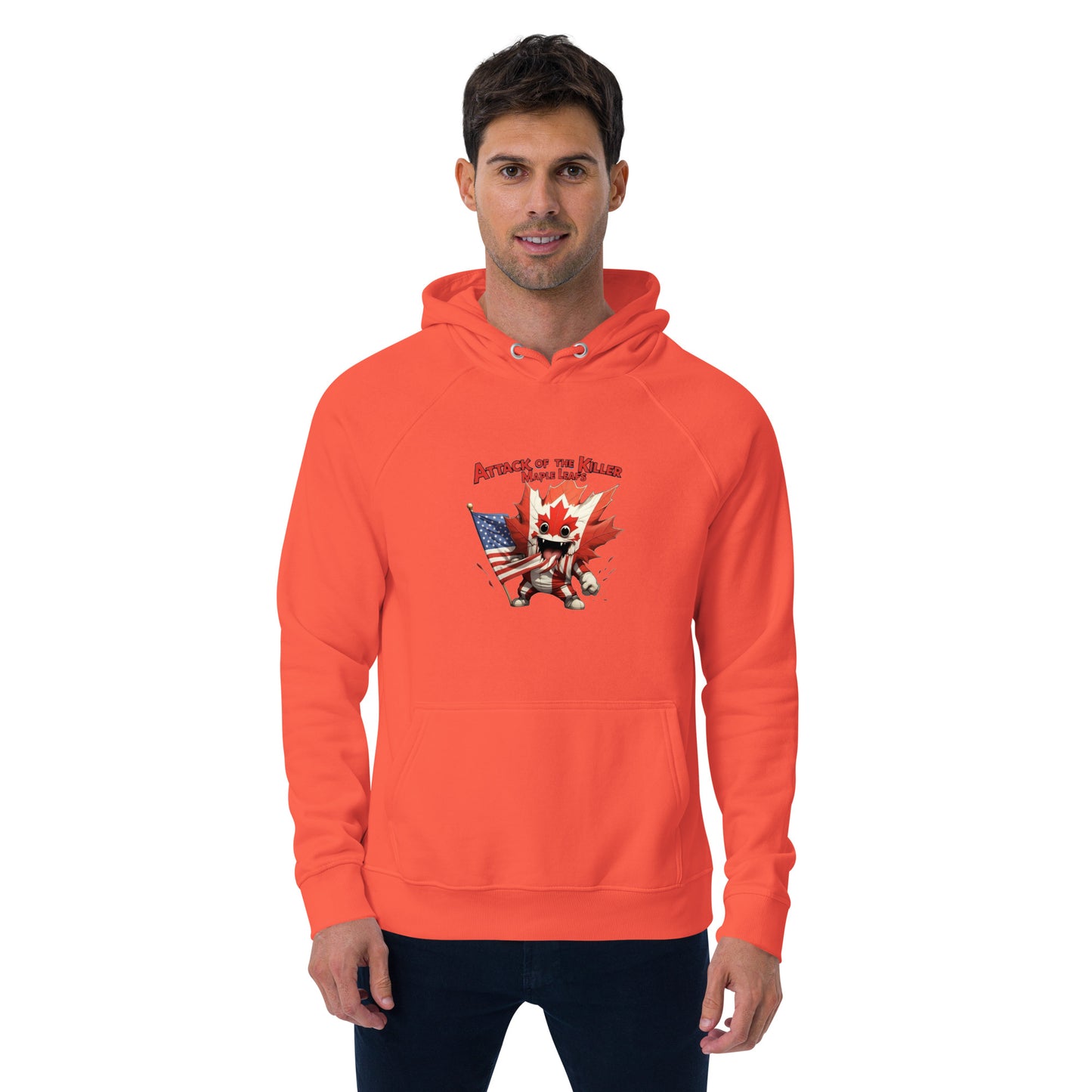 Maple Mayhem Unisex eco raglan hoodie from Rare Plus Apparel – unique movie & pop culture inspired design.