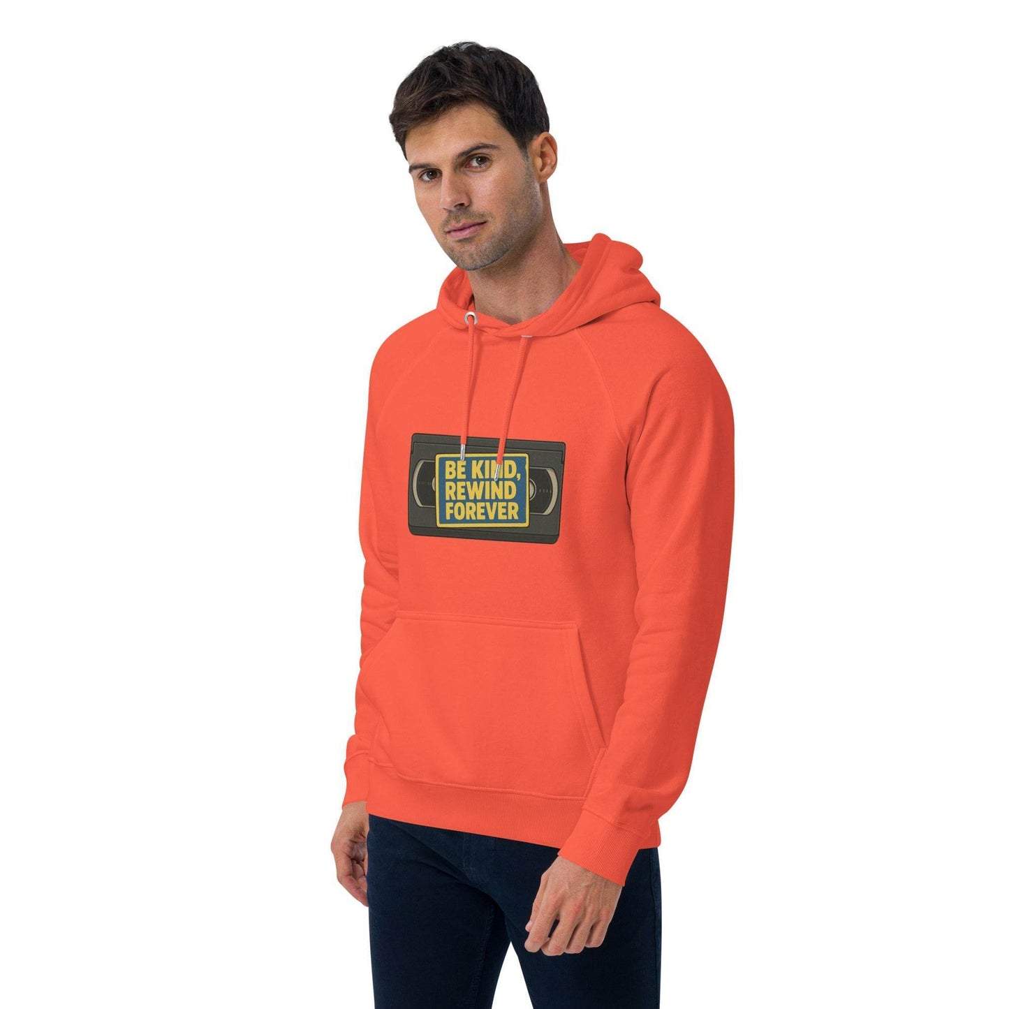 Be Kind, Rewind Forever Unisex eco raglan hoodie from Rare Plus Apparel – unique movie & pop culture inspired design.