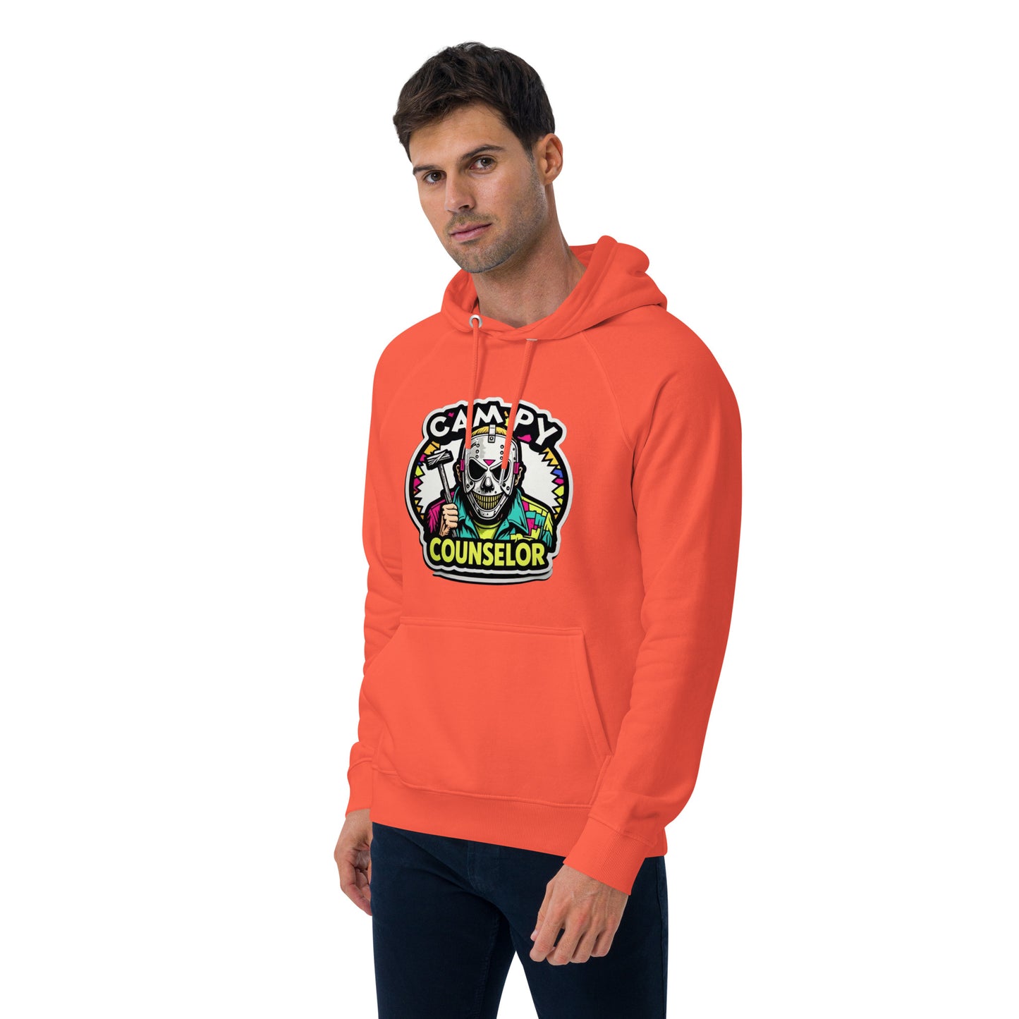 Campy Counselor Unisex eco raglan hoodie from Rare Plus Apparel – unique movie & pop culture inspired design.