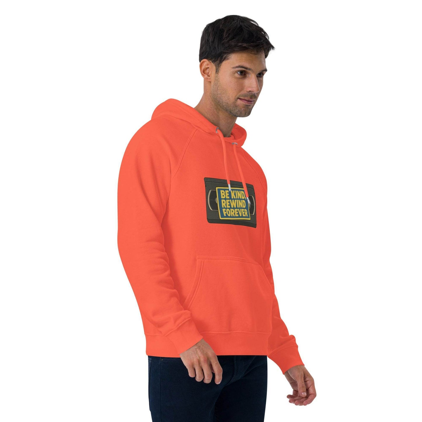 Be Kind, Rewind Forever Unisex eco raglan hoodie from Rare Plus Apparel – unique movie & pop culture inspired design.