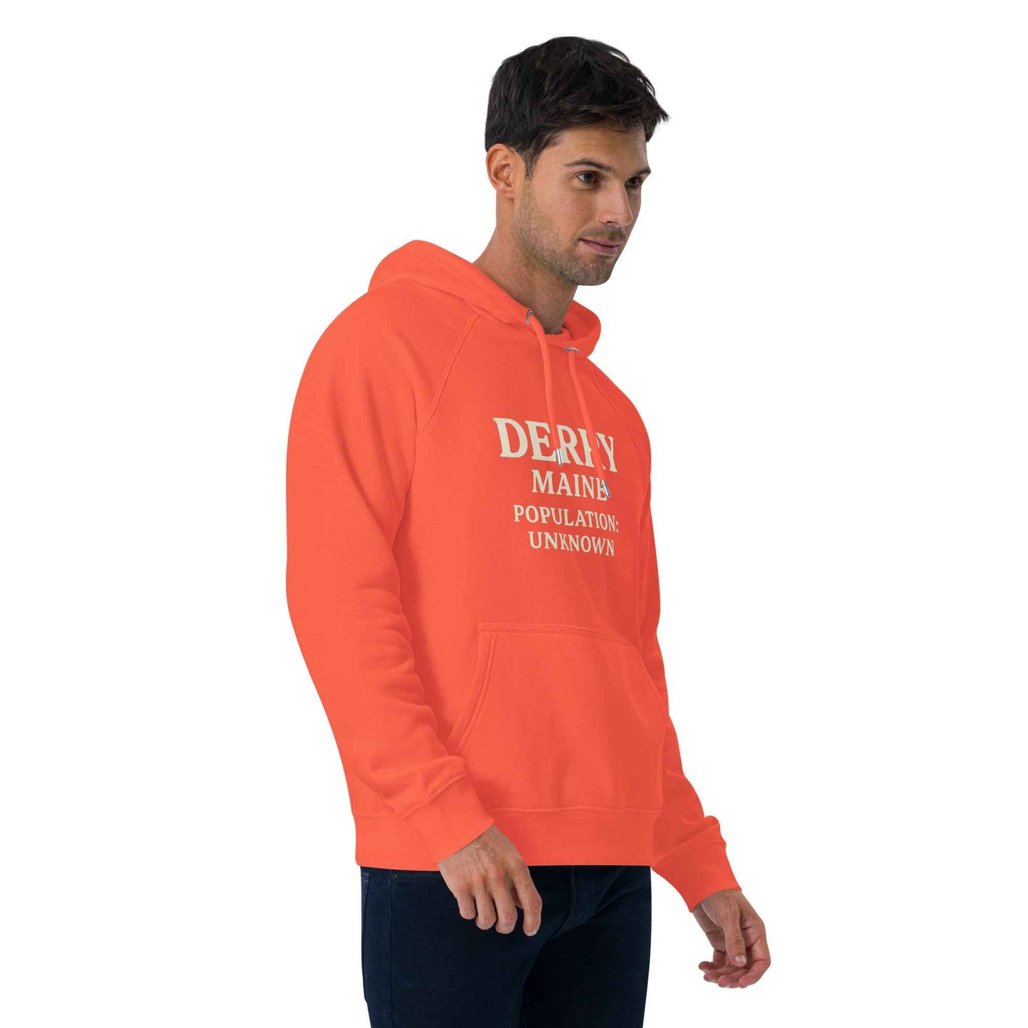 Derry Maine — Population: Unknown Unisex eco raglan hoodie