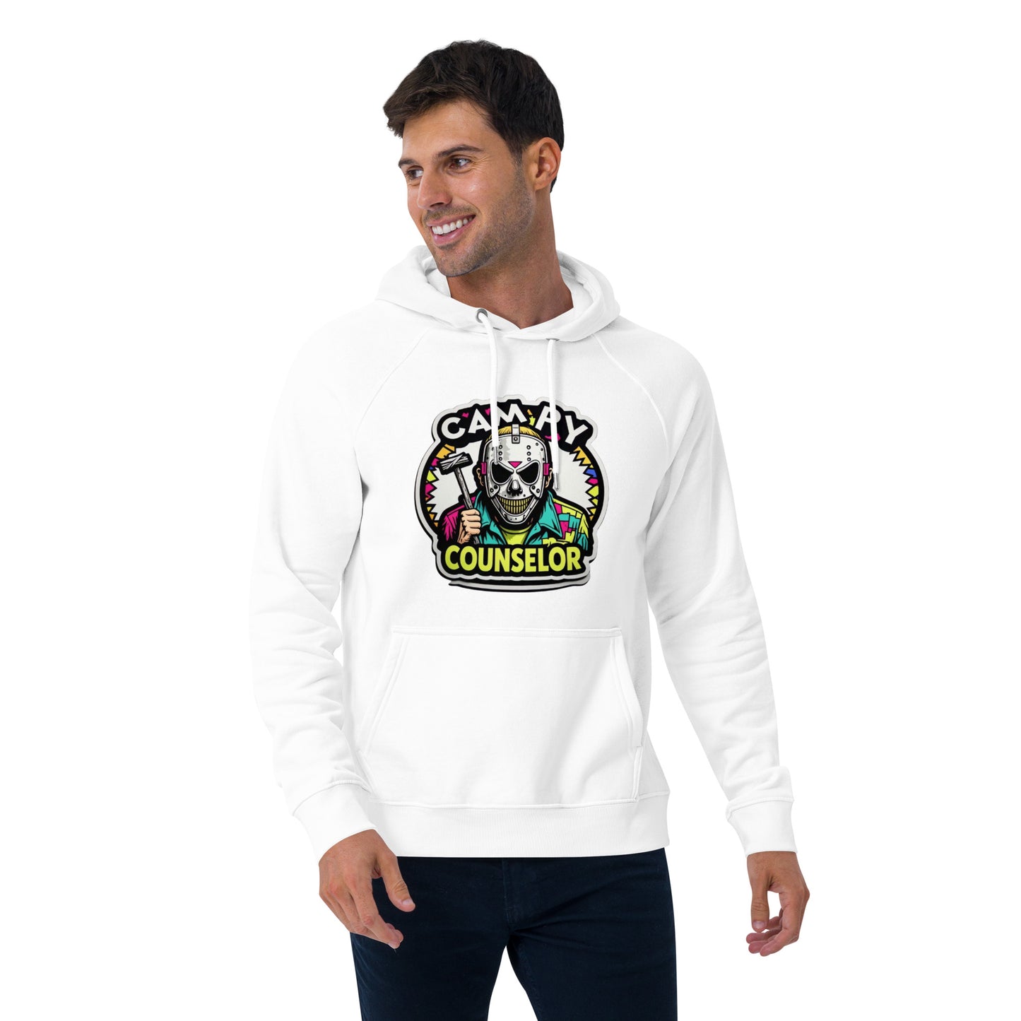 Campy Counselor Unisex eco raglan hoodie from Rare Plus Apparel – unique movie & pop culture inspired design.