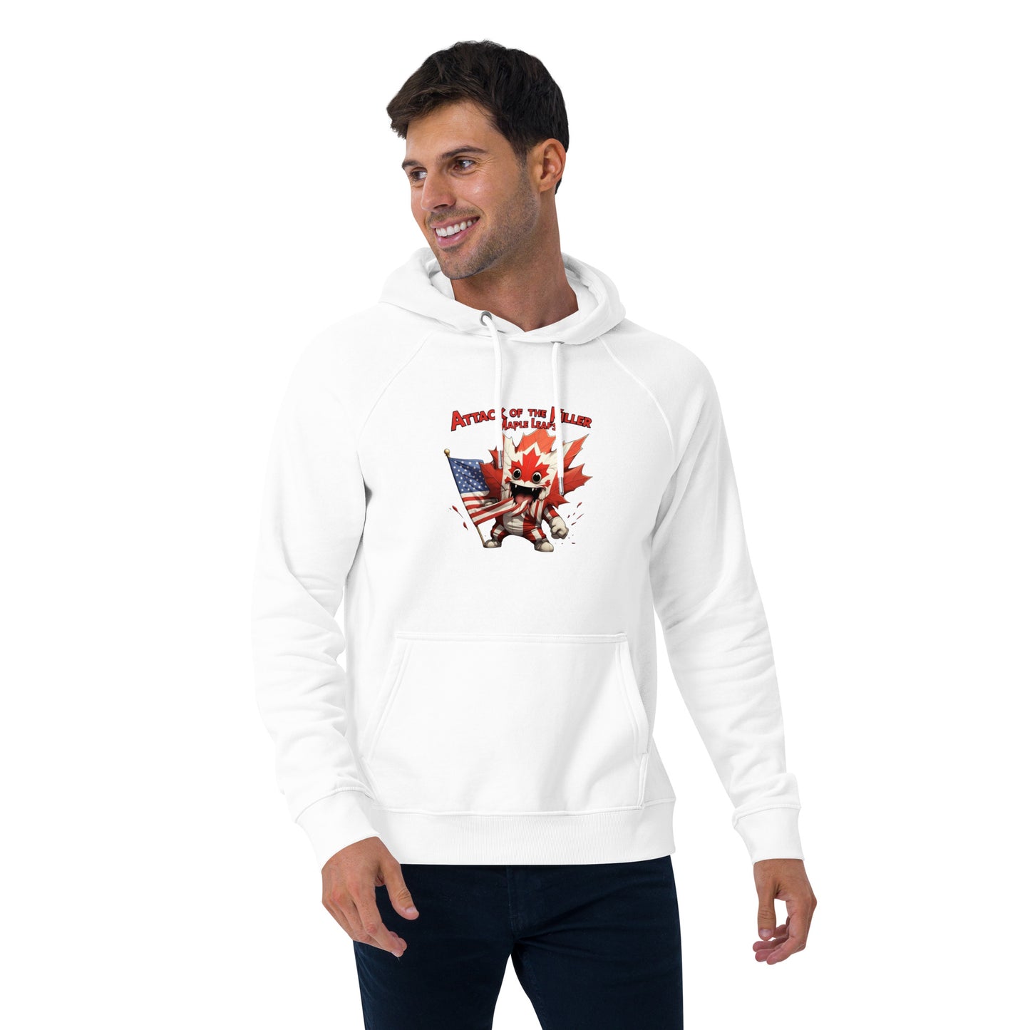 Maple Mayhem Unisex eco raglan hoodie from Rare Plus Apparel – unique movie & pop culture inspired design.