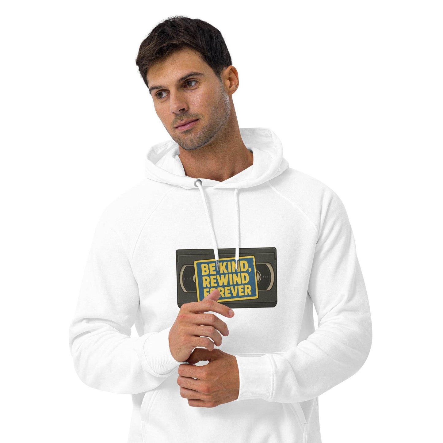 Be Kind, Rewind Forever Unisex eco raglan hoodie from Rare Plus Apparel – unique movie & pop culture inspired design.