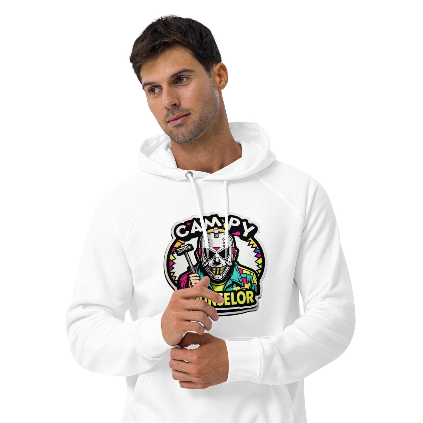 Campy Counselor Unisex eco raglan hoodie from Rare Plus Apparel – unique movie & pop culture inspired design.
