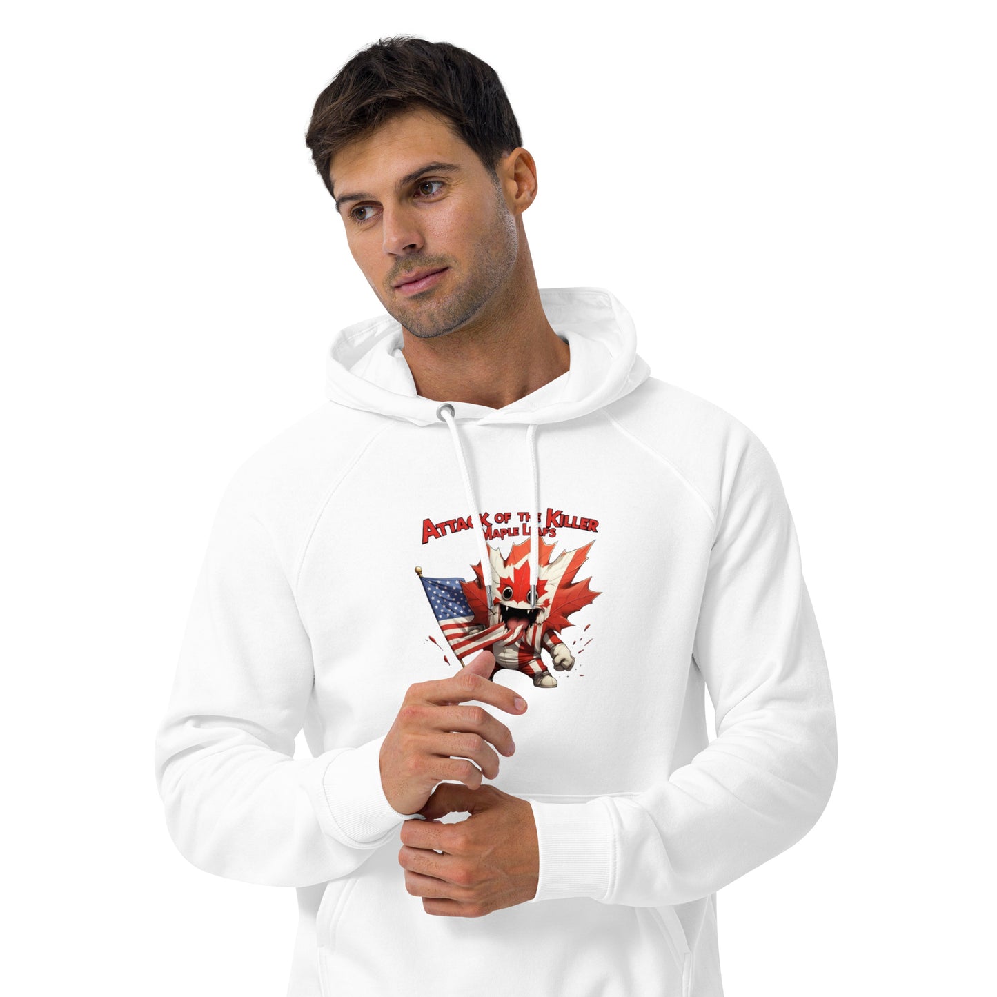 Maple Mayhem Unisex eco raglan hoodie from Rare Plus Apparel – unique movie & pop culture inspired design.