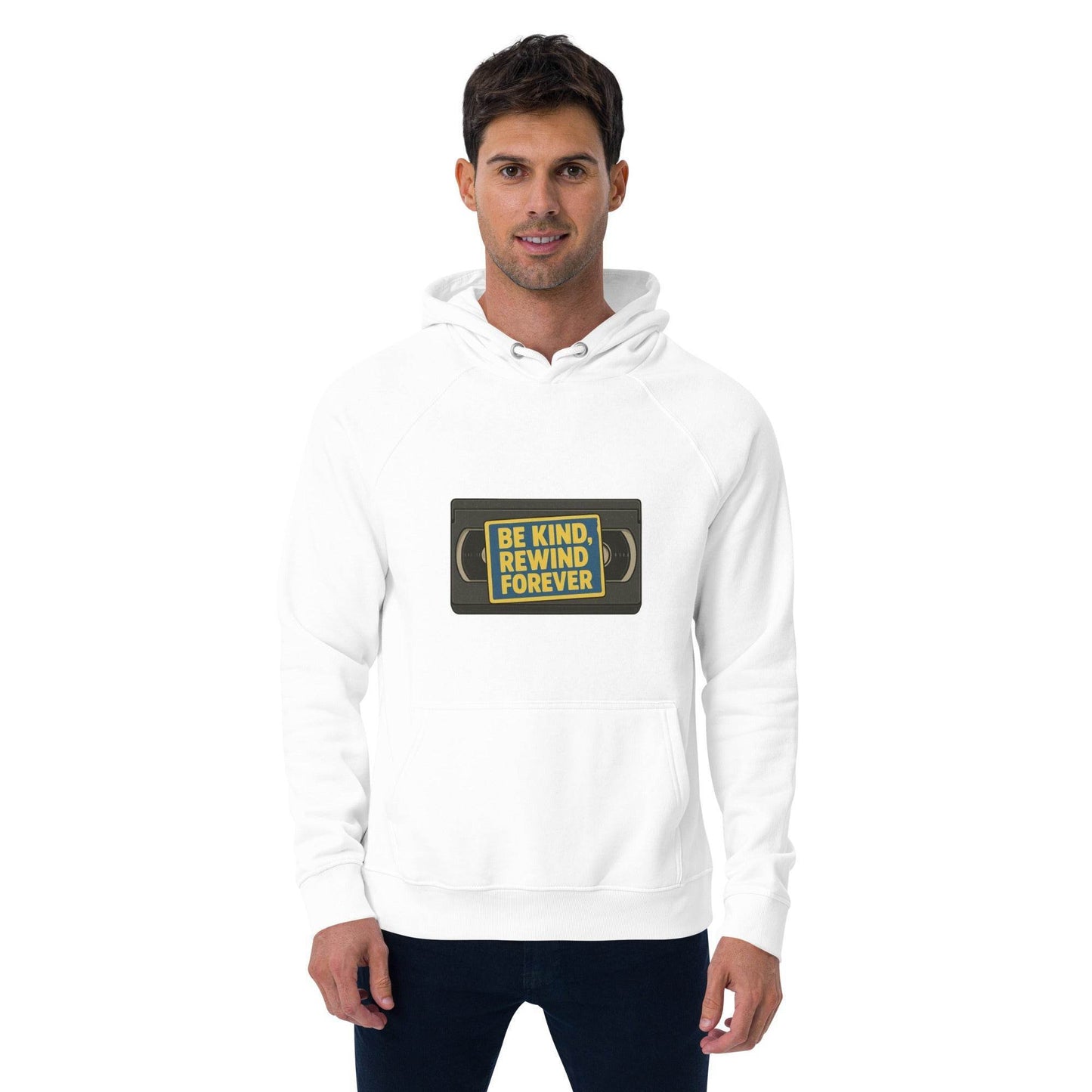 Be Kind, Rewind Forever Unisex eco raglan hoodie from Rare Plus Apparel – unique movie & pop culture inspired design.