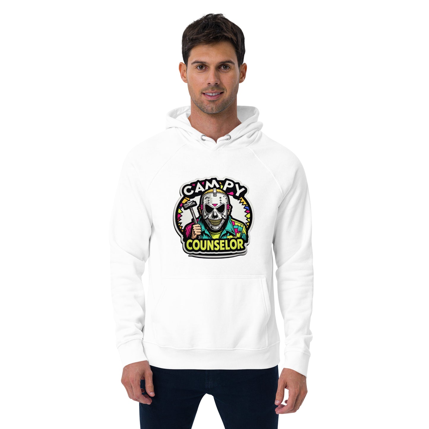 Campy Counselor Unisex eco raglan hoodie from Rare Plus Apparel – unique movie & pop culture inspired design.