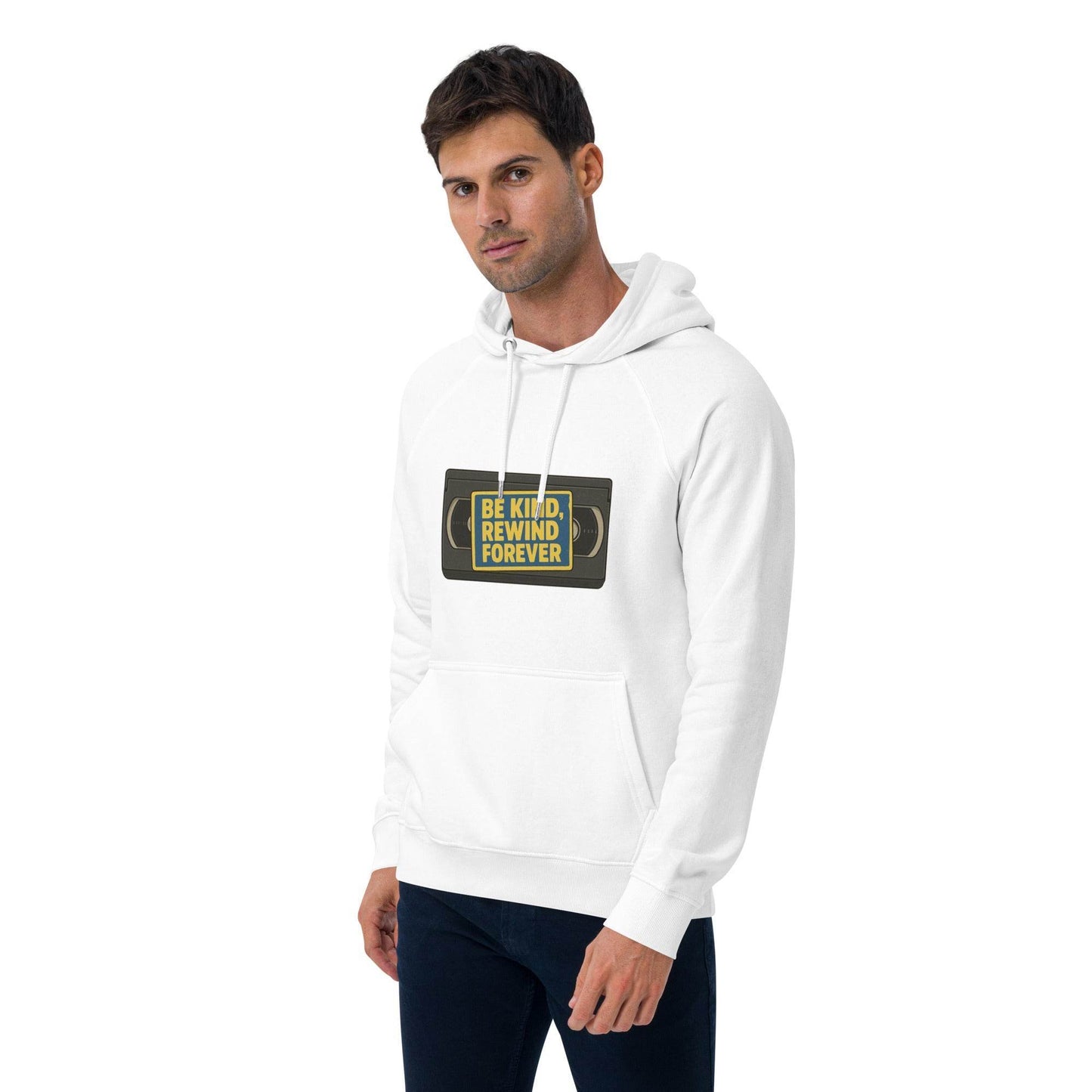 Be Kind, Rewind Forever Unisex eco raglan hoodie from Rare Plus Apparel – unique movie & pop culture inspired design.