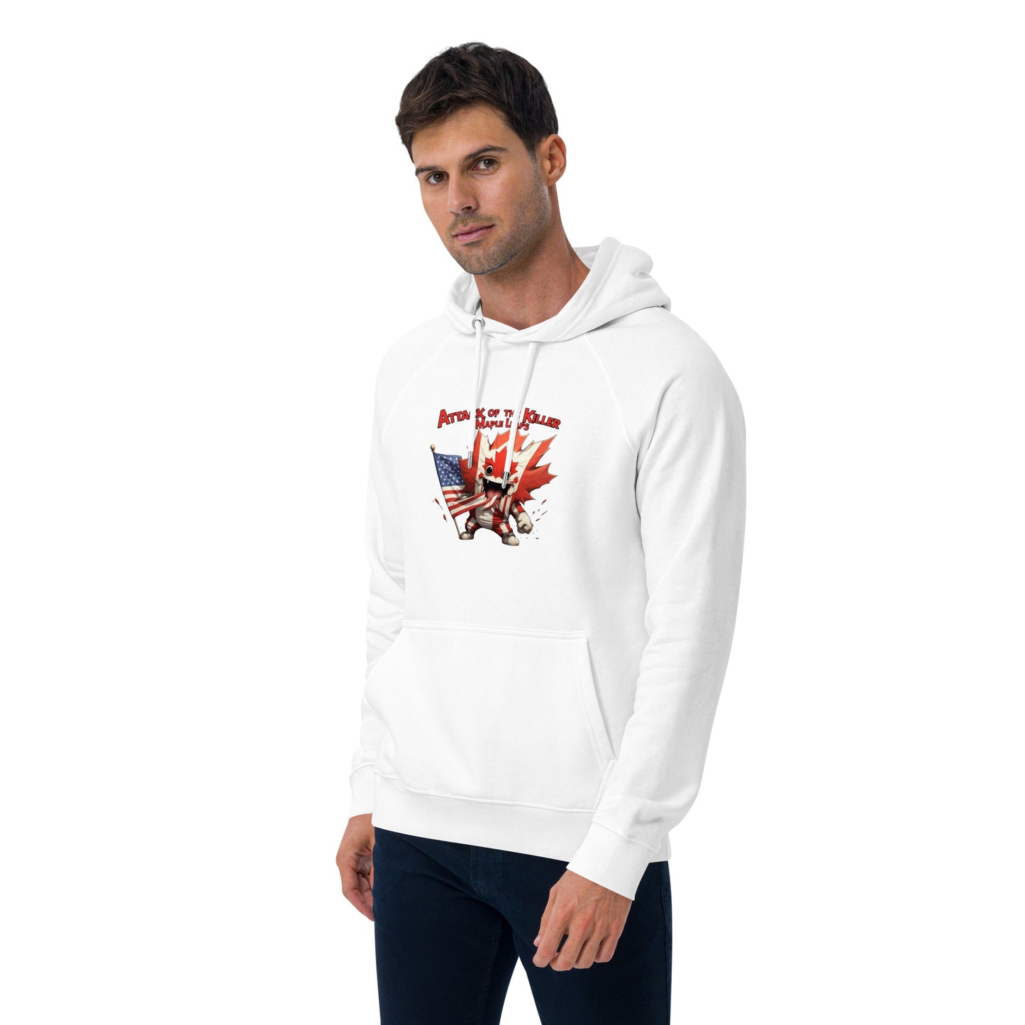Maple Mayhem Unisex eco raglan hoodie from Rare Plus Apparel – unique movie & pop culture inspired design.