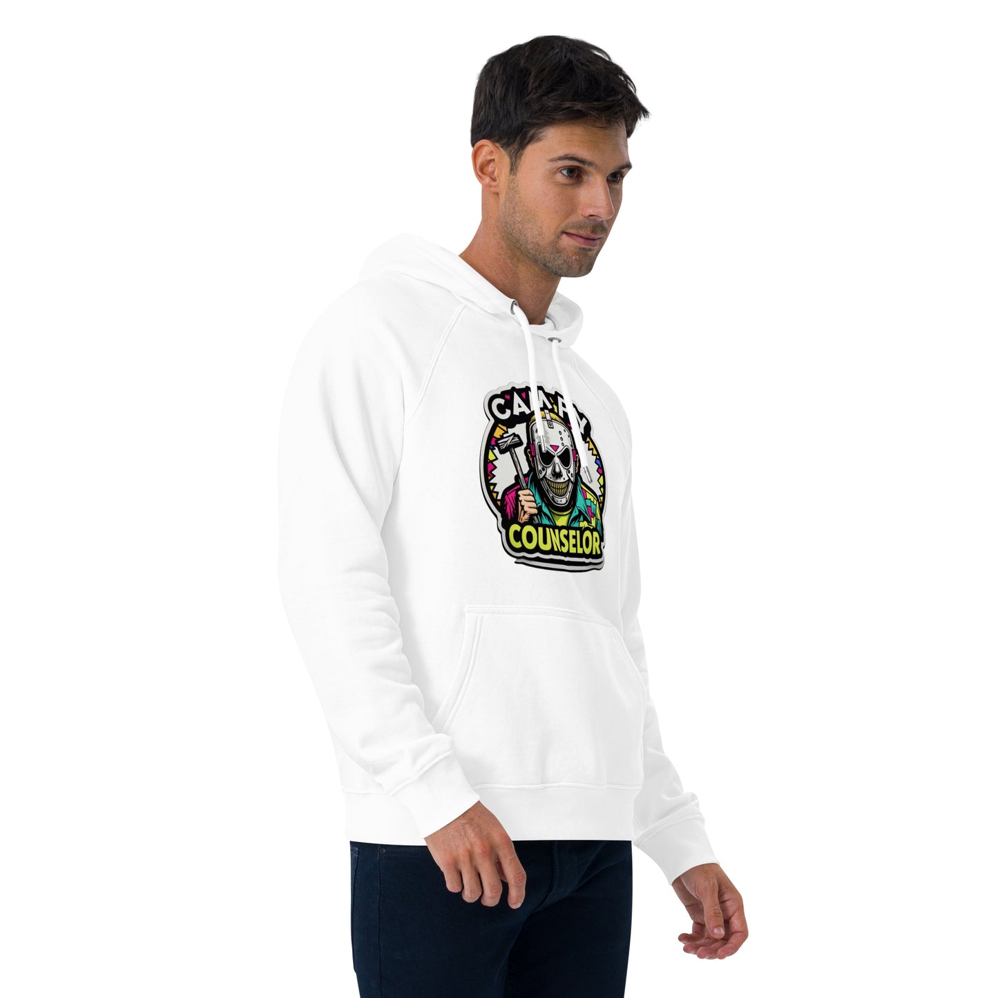 Campy Counselor Unisex eco raglan hoodie from Rare Plus Apparel – unique movie & pop culture inspired design.