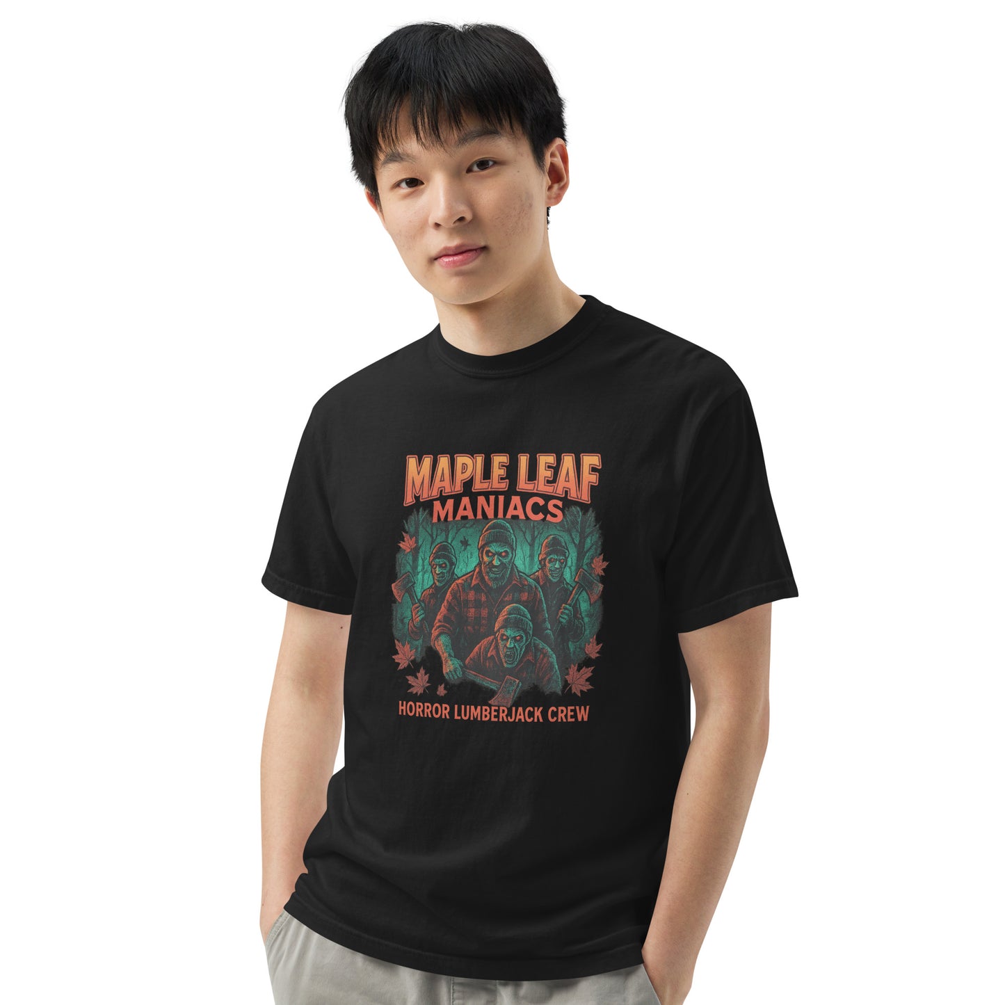 Maple Leaf Maniacs Horror Lumberjack Crew Unisex garment-dyed heavyweight t-shirt from Rare Plus Apparel – unique movie & pop culture inspired design.