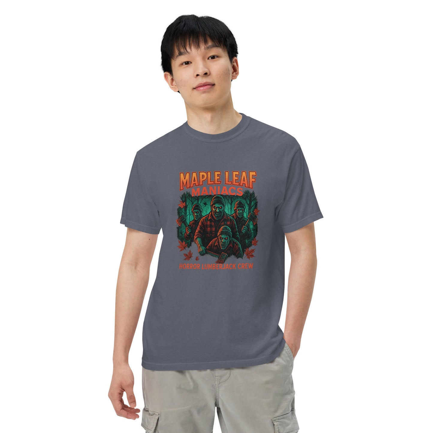 Maple Leaf Maniacs Horror Lumberjack Crew Unisex garment-dyed heavyweight t-shirt from Rare Plus Apparel – unique movie & pop culture inspired design.