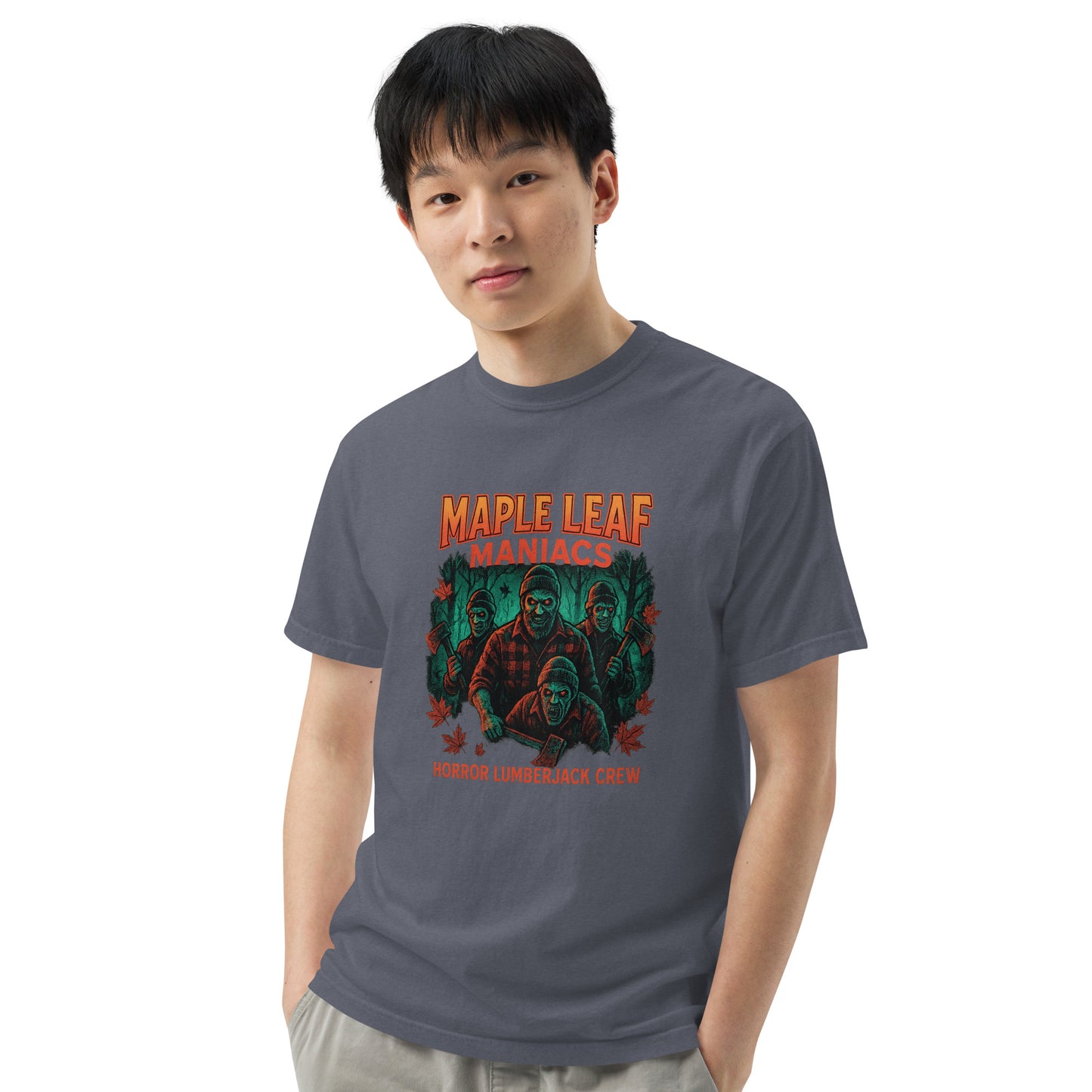 Maple Leaf Maniacs Horror Lumberjack Crew Unisex garment-dyed heavyweight t-shirt from Rare Plus Apparel – unique movie & pop culture inspired design.