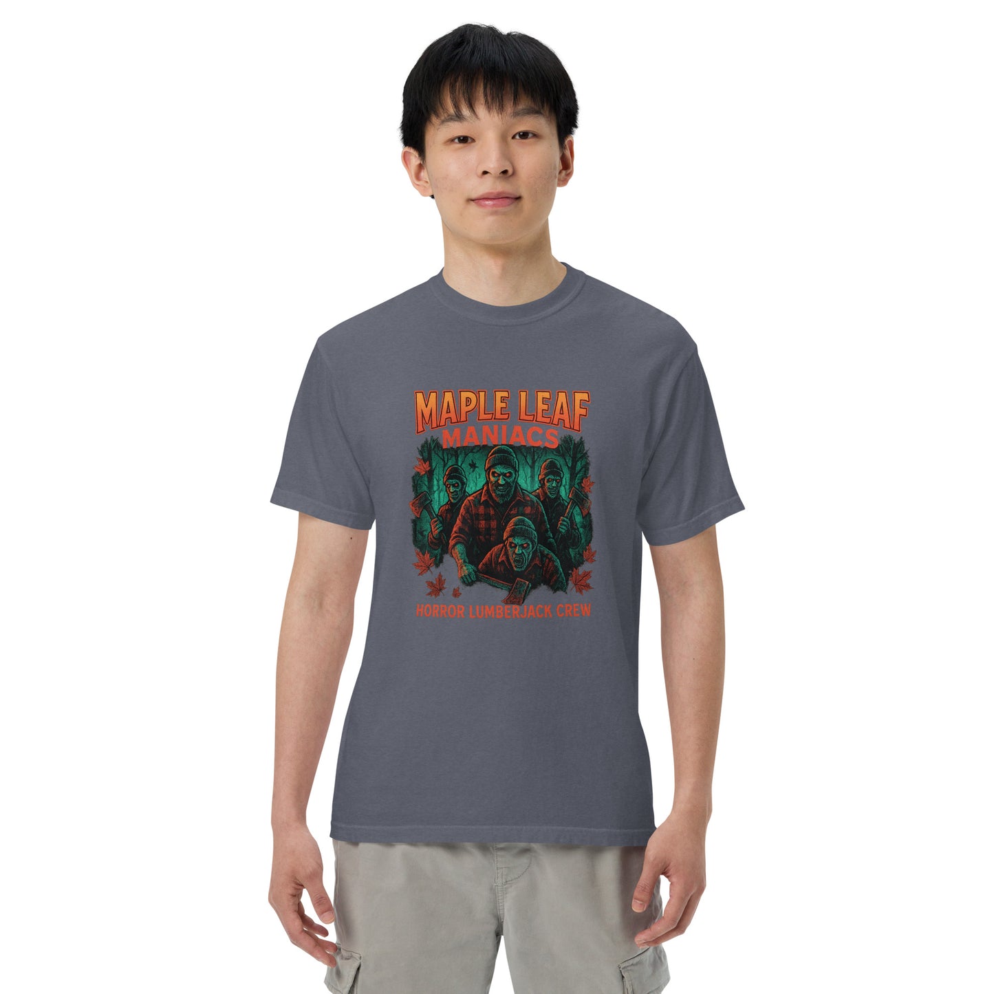 Maple Leaf Maniacs Horror Lumberjack Crew Unisex garment-dyed heavyweight t-shirt from Rare Plus Apparel – unique movie & pop culture inspired design.
