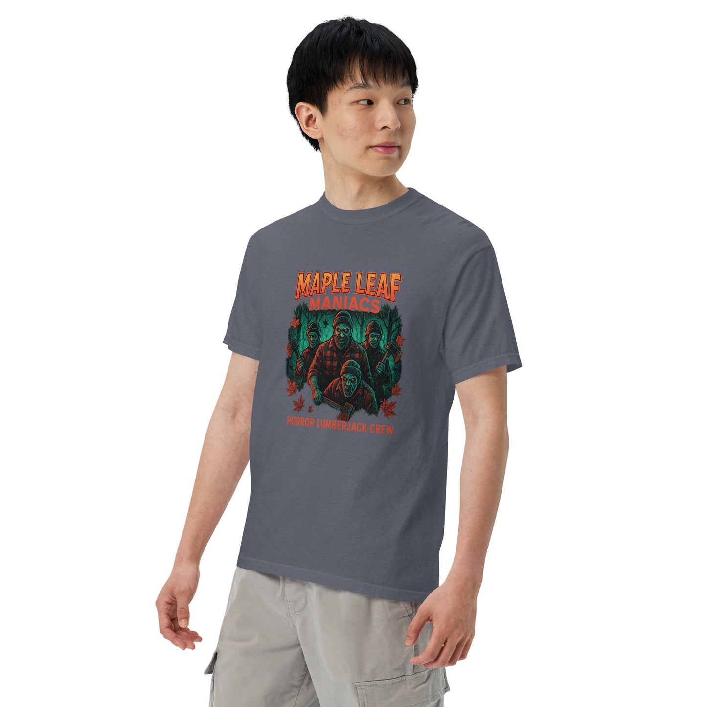 Maple Leaf Maniacs Horror Lumberjack Crew Unisex garment-dyed heavyweight t-shirt from Rare Plus Apparel – unique movie & pop culture inspired design.