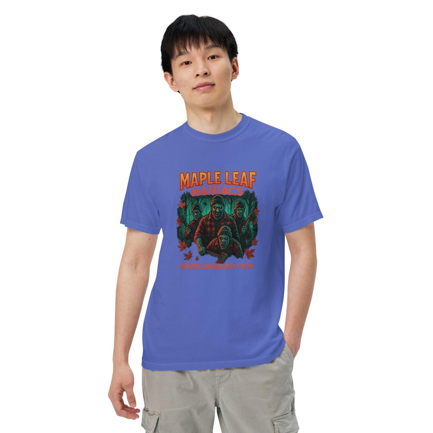 Maple Leaf Maniacs Horror Lumberjack Crew Unisex garment-dyed heavyweight t-shirt from Rare Plus Apparel – unique movie & pop culture inspired design.