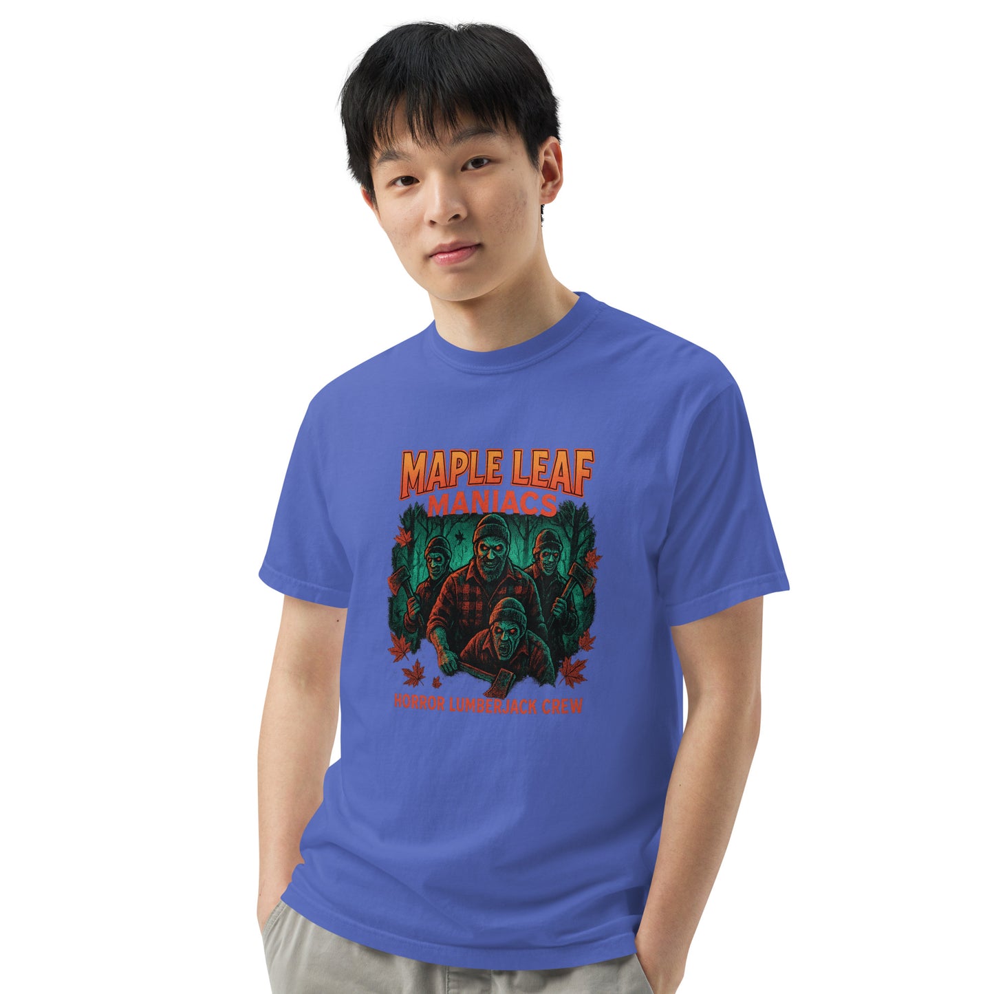 Maple Leaf Maniacs Horror Lumberjack Crew Unisex garment-dyed heavyweight t-shirt from Rare Plus Apparel – unique movie & pop culture inspired design.